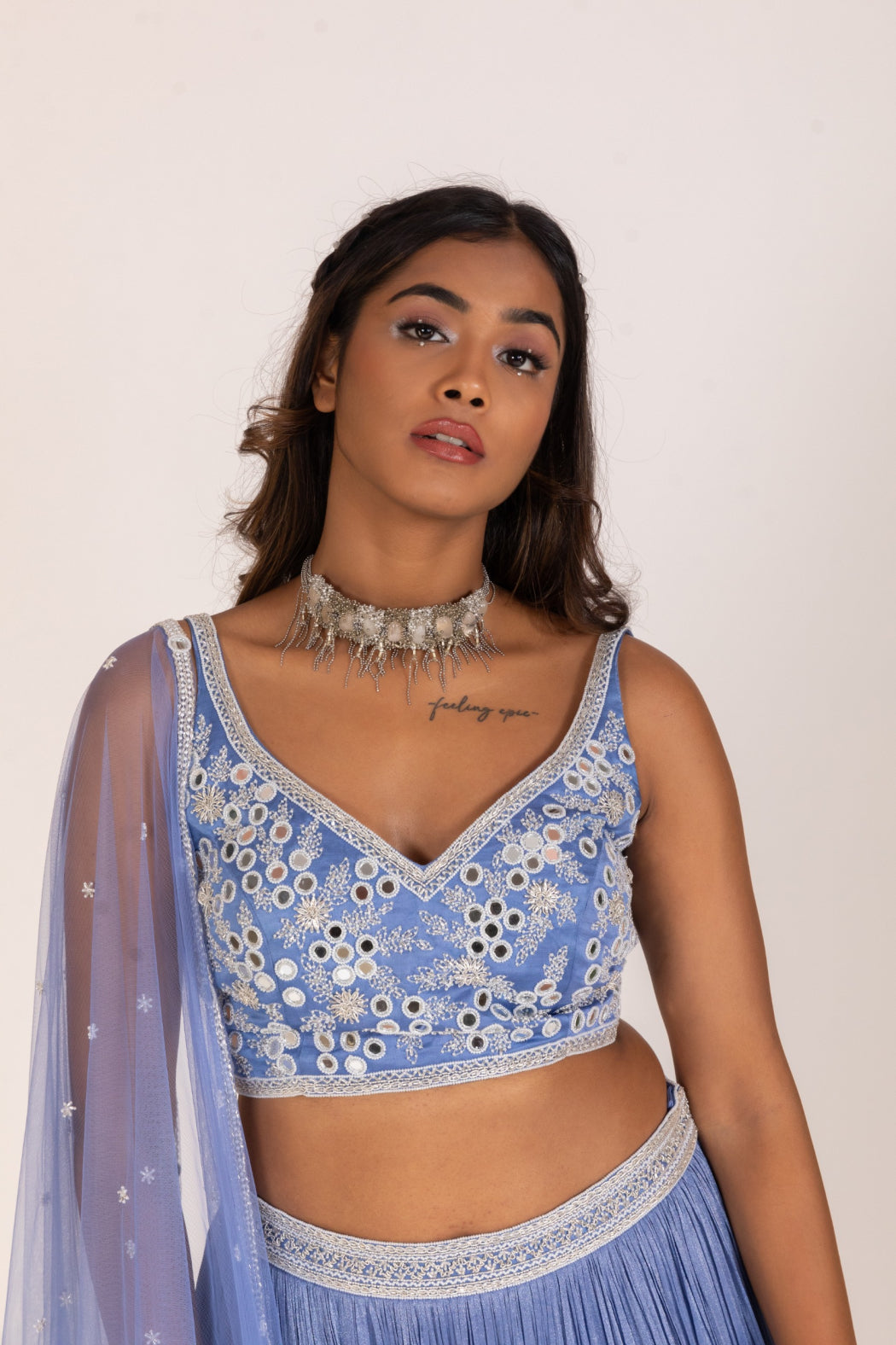 POWDER BLUE FOUR LAYER PLEATED LEHENGA SET