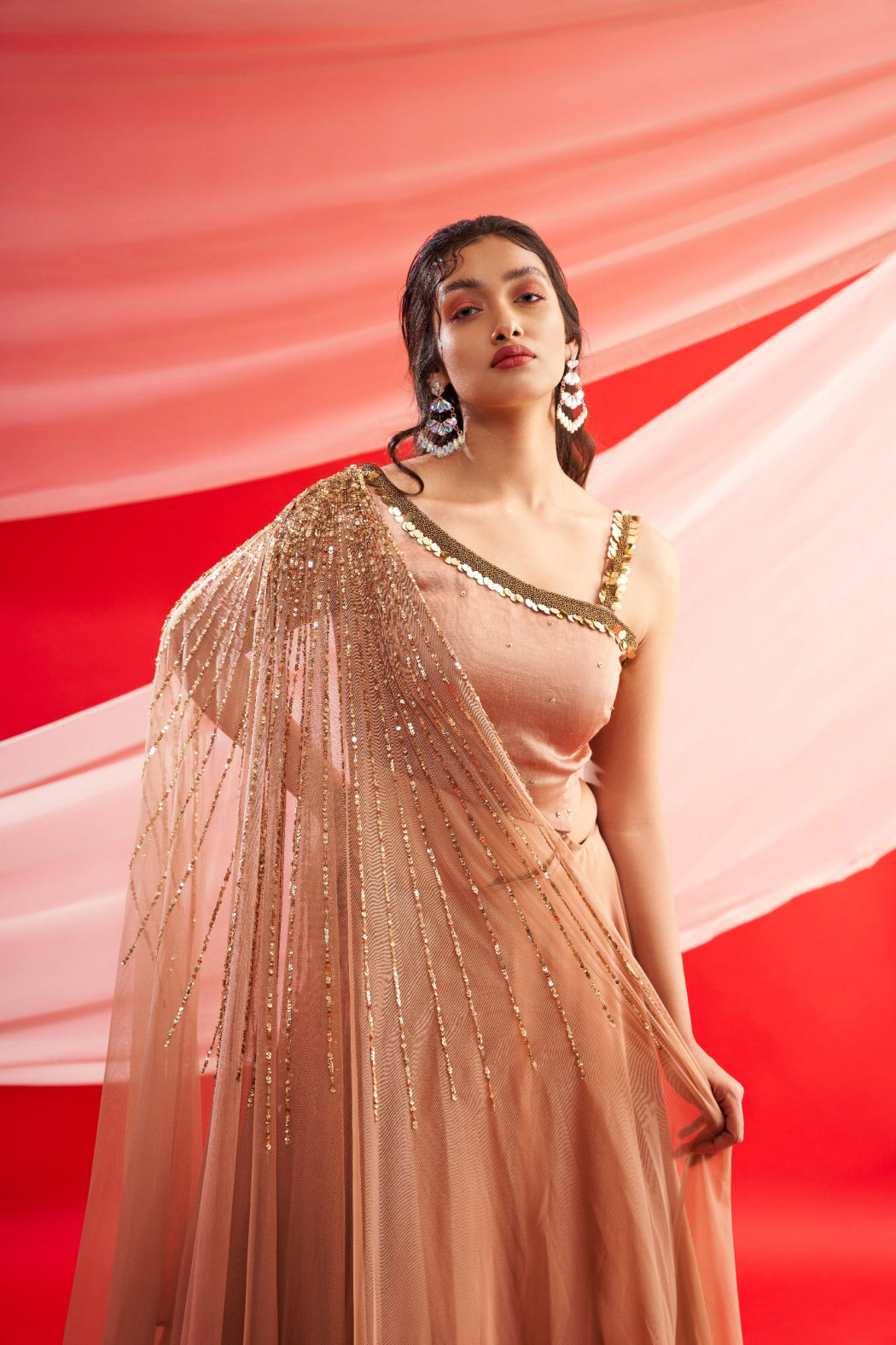 BRONZE GOWN WITH ATTACHED DRAPPED DUPATTA