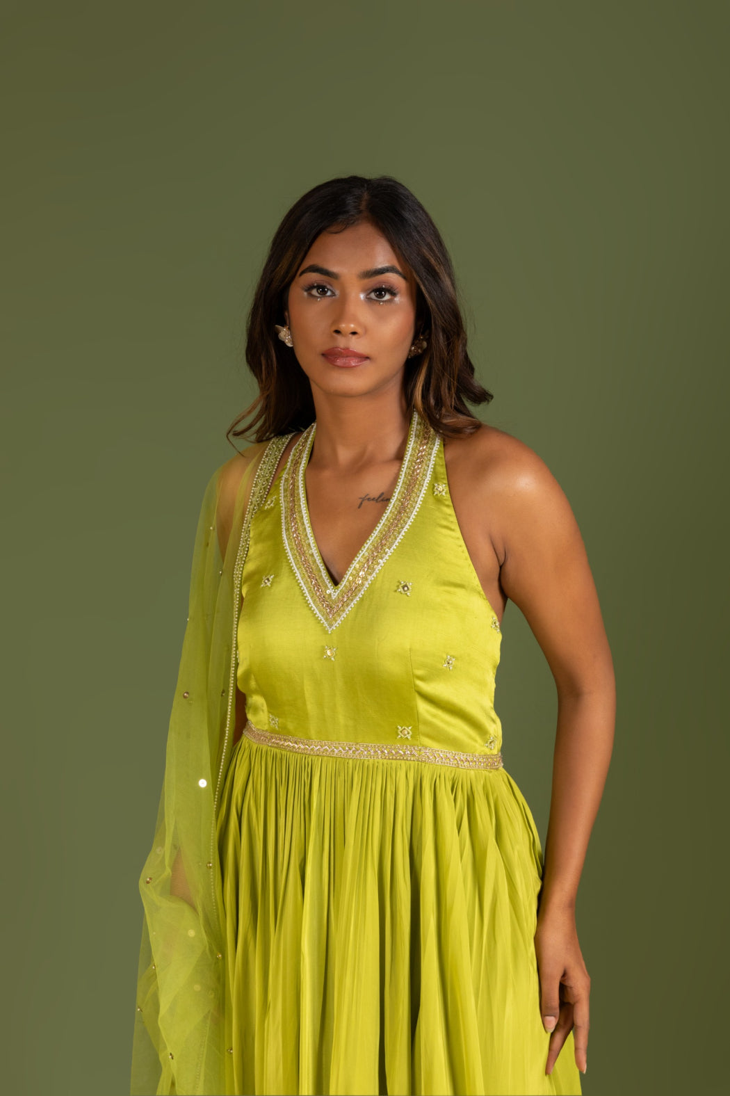 LIME GREEN HALTER NECK ANARKALI SET