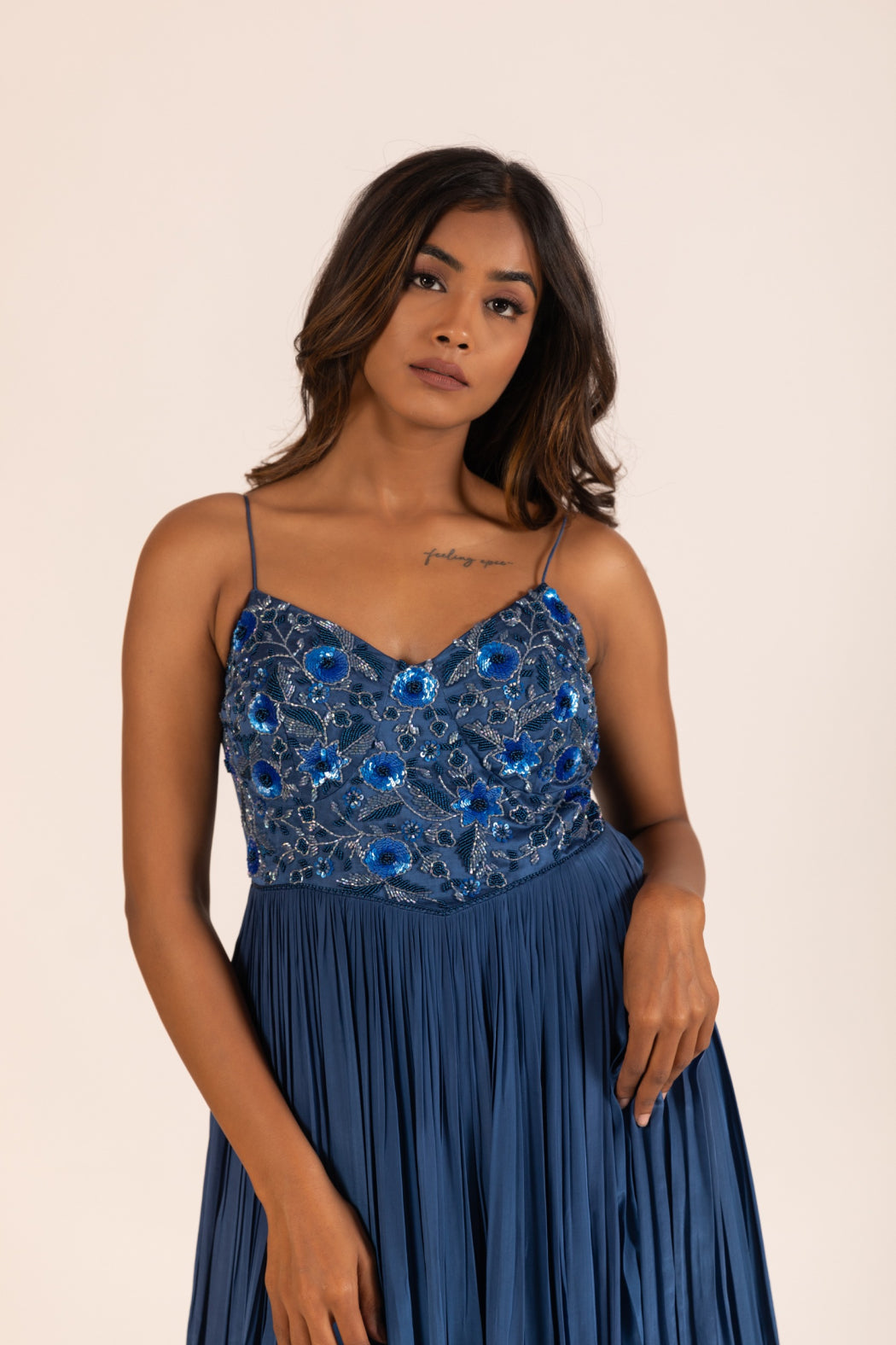 BLUE PLEATED GOWN SET