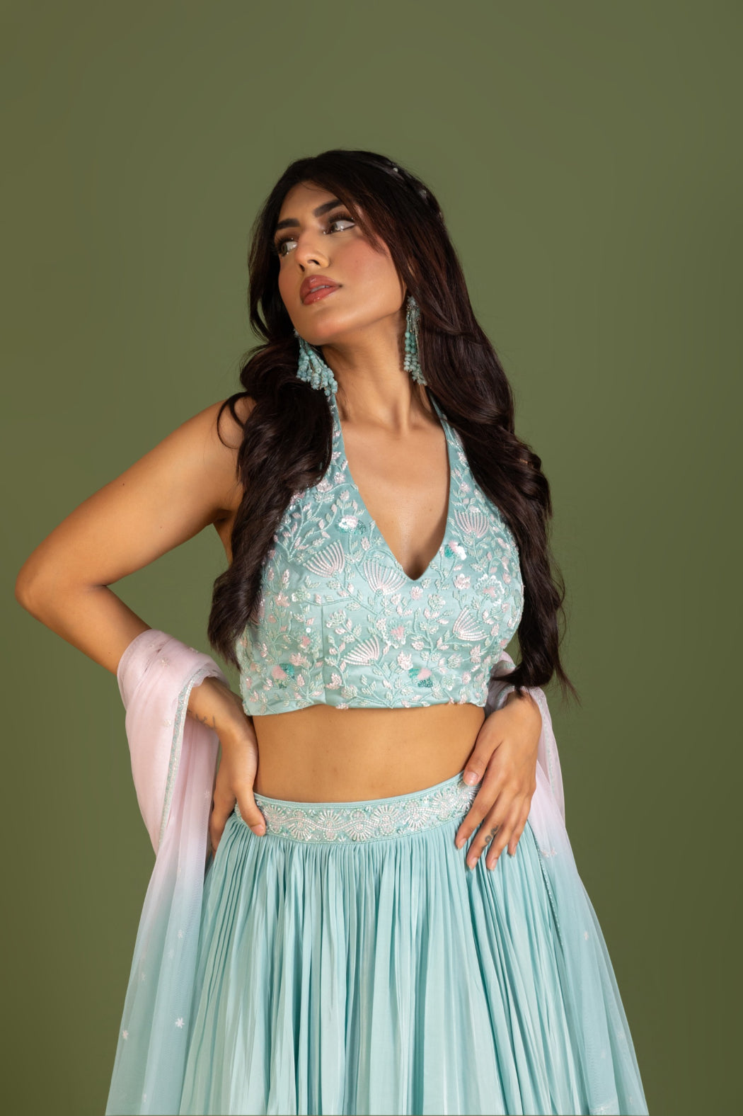 MINT HALTER NECK LEHENGA SET