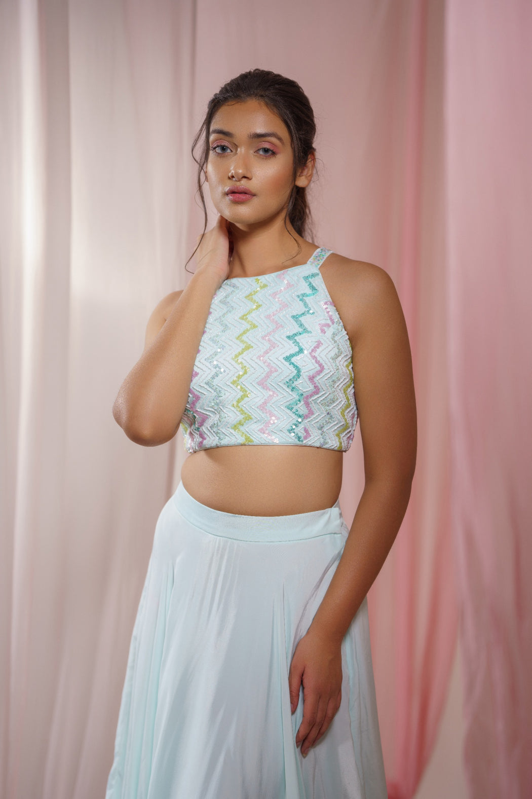 SKY BLUE DHOTI SKIRT WITH COLOURFUL EMBROIDERED BLOUSE AND SHRUG SET