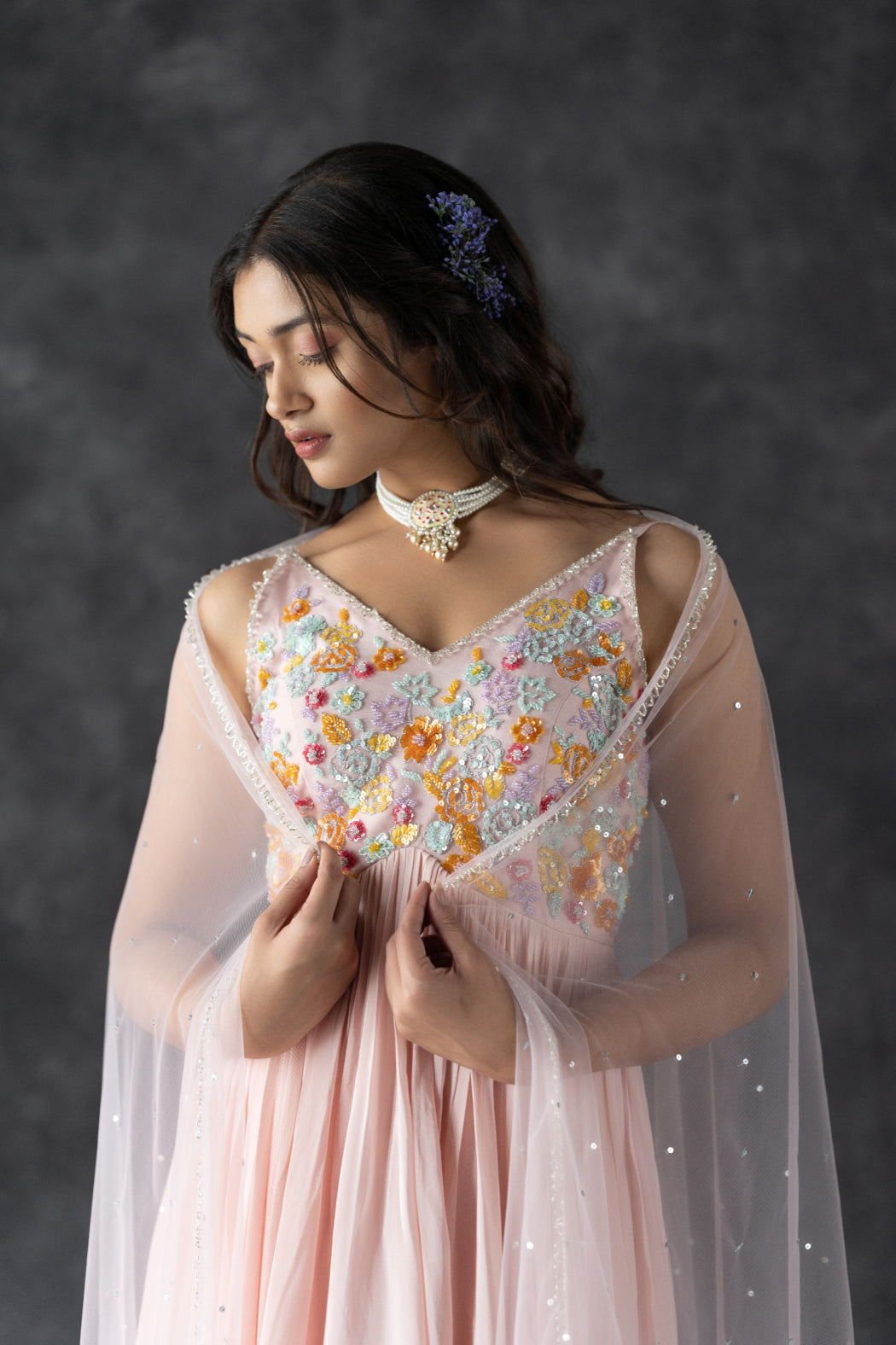 COLOURFUL EMBROIDERED PINK THREE LAYERED DRESS