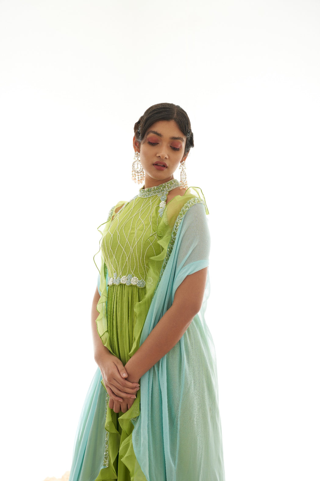 GREEN GOWN AND SKY BLUE RUFFLED SHRUG