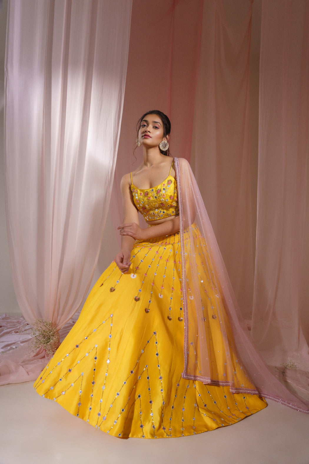 YELLOW HEAVY LEHENGA SET WITH PINK DUPATTA