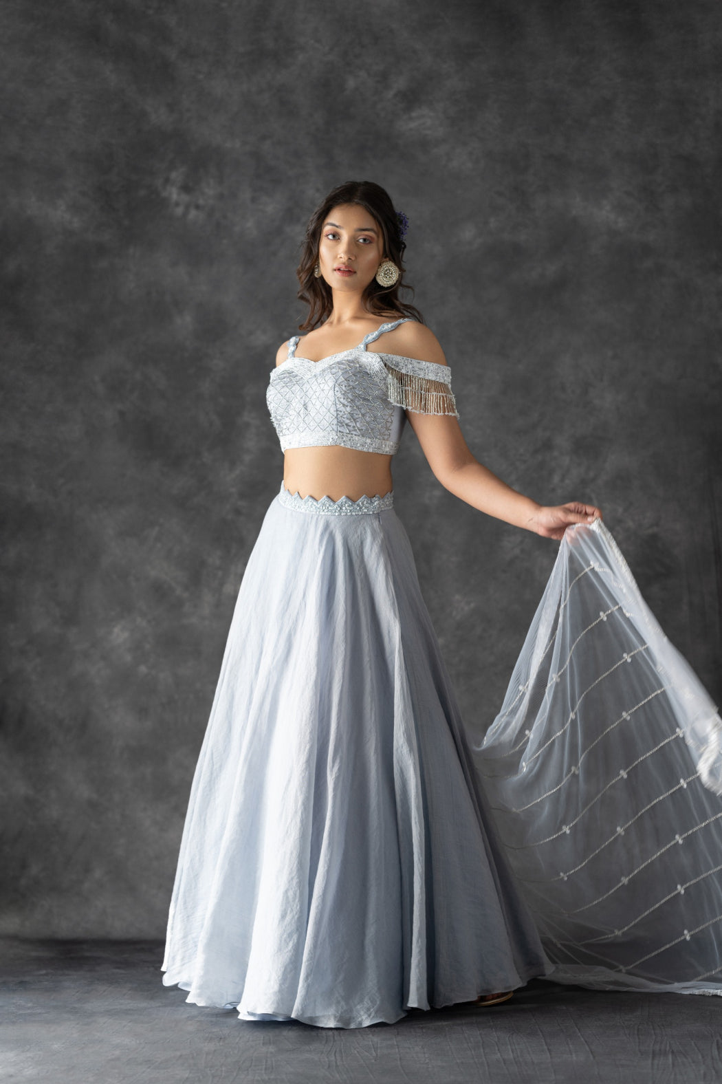 POWDER BLUE COLD SHOULDER BLOUSE AND SHIMMER LEHENGA SET