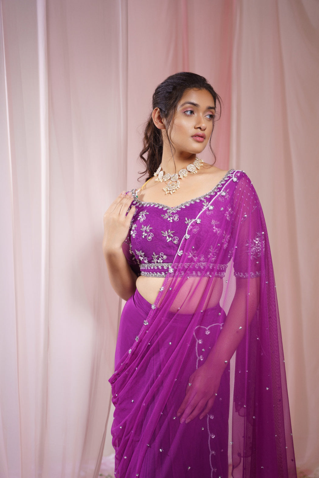 PURPLE PLEATTED SAREE WITH ATTACHED PALLU