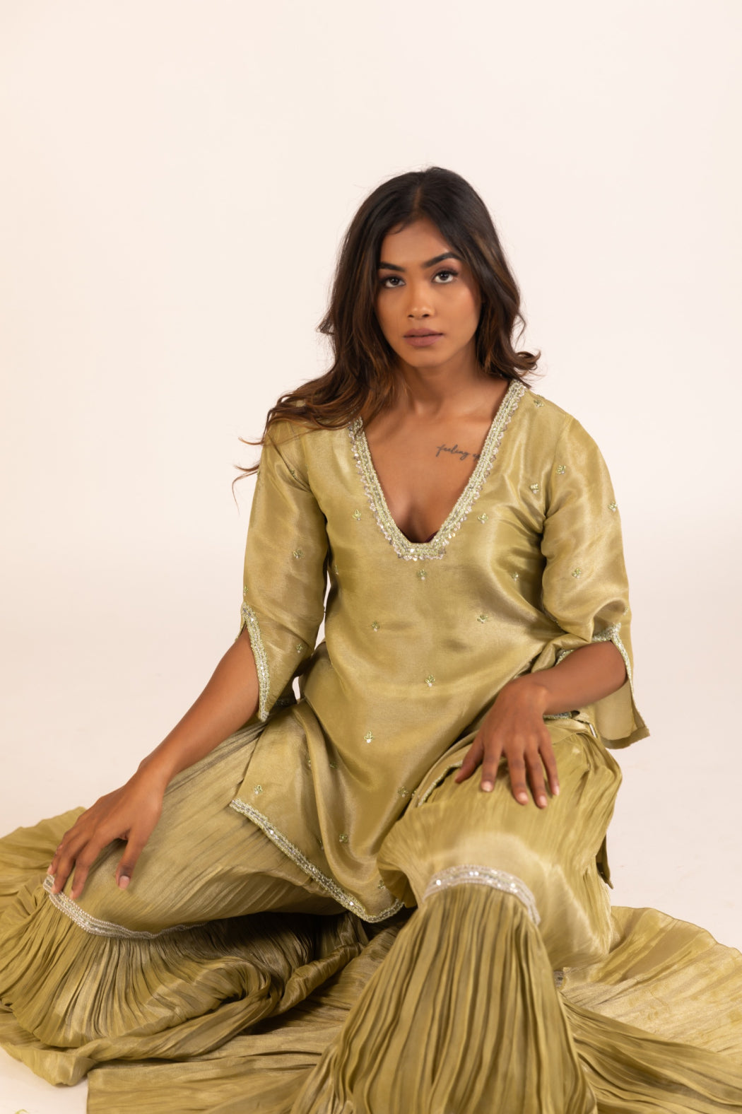 OLIVE GREEN SHARARA SET