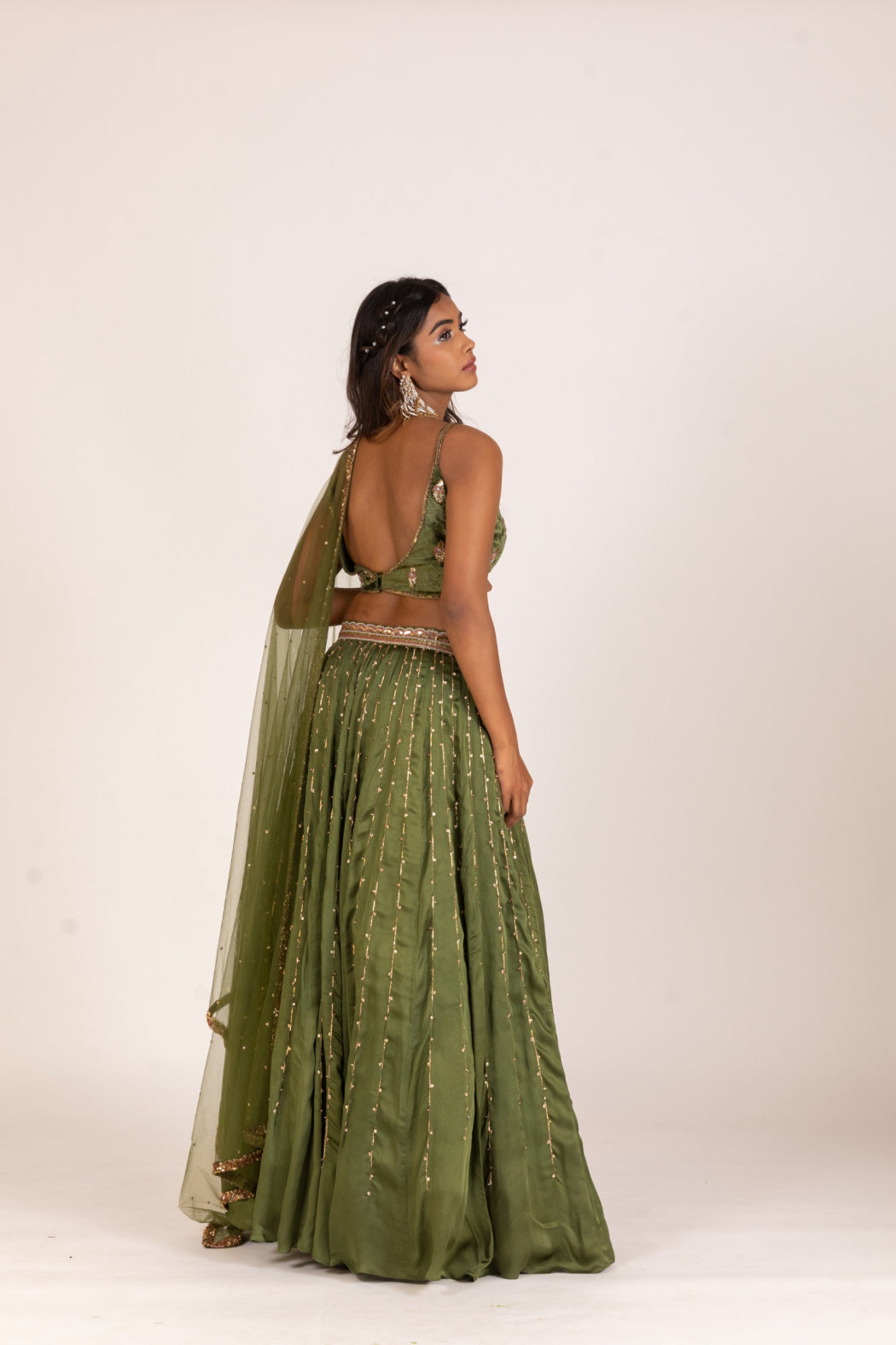 GREEN LEHENGA AND VELVET BLOUSE SET