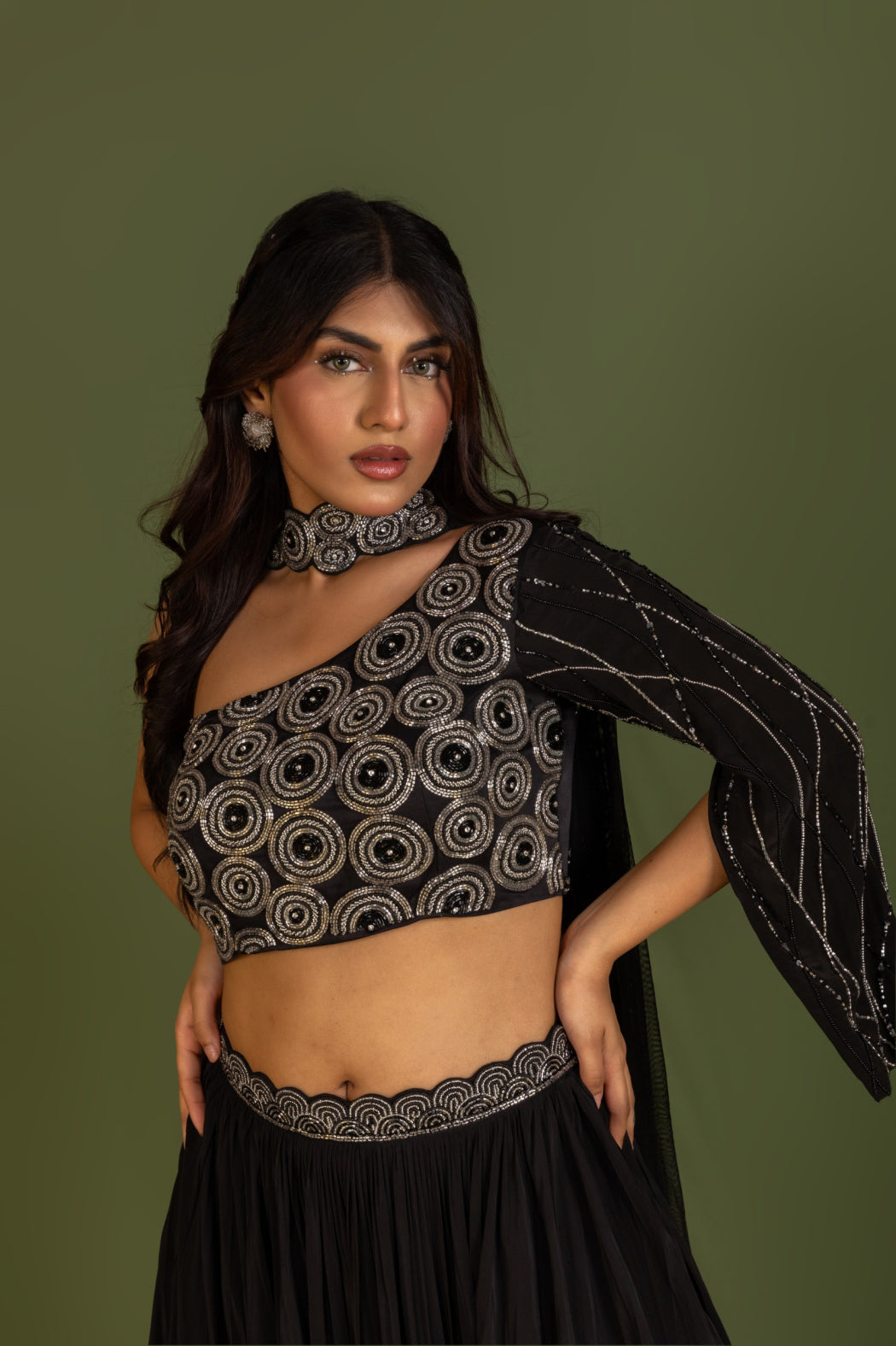 BLACK ONE SHOULDER LEHENGA SET