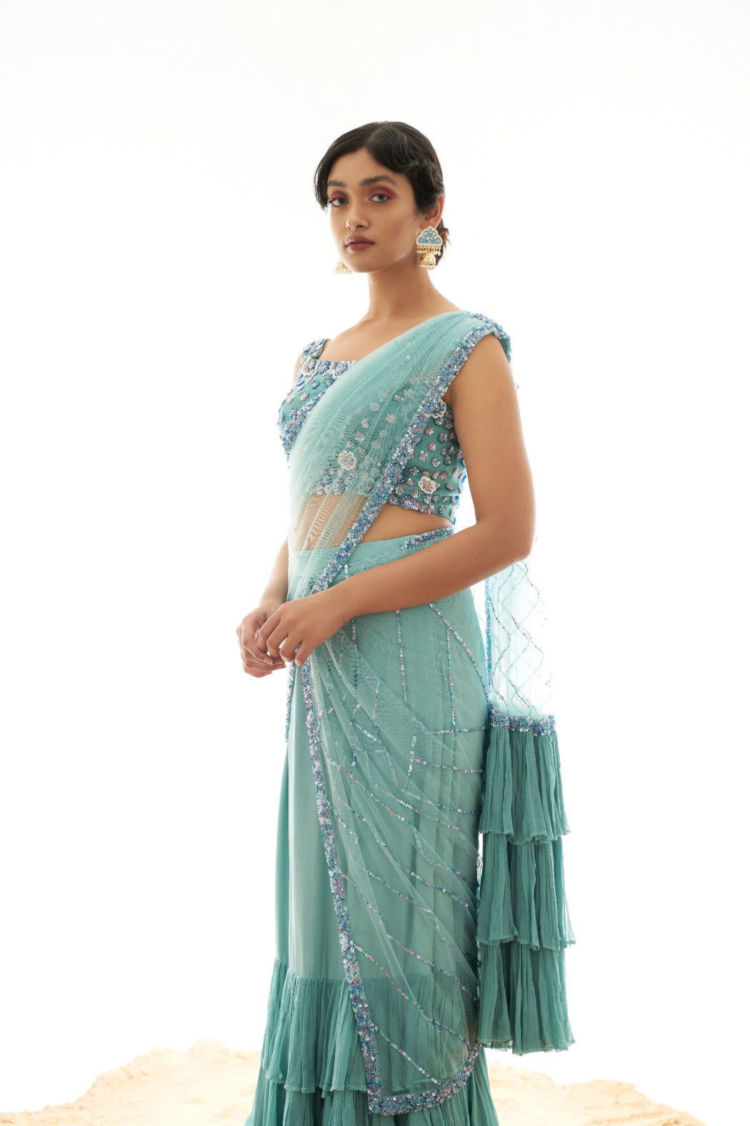 SKY BLUE DRAPPED SAREE WITH RUFFLE DUPATTA