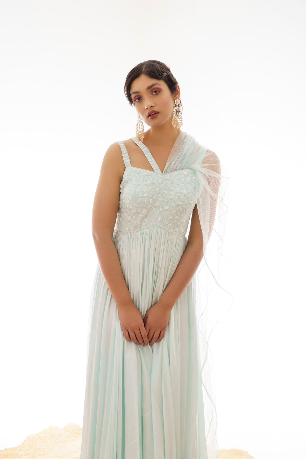 LIGHT MINT DRAPPED GOWN WITH ATTACHED DUPATTA