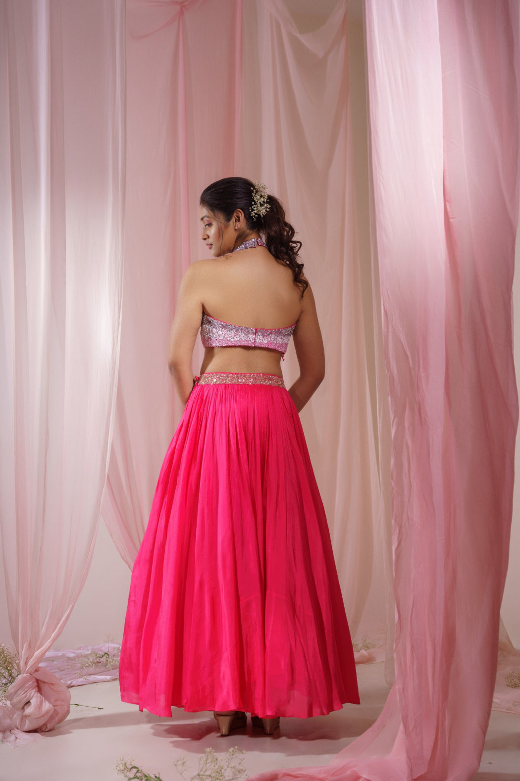 HOT PINK HALTER NECK BLOUSE AND LEHENGA SET