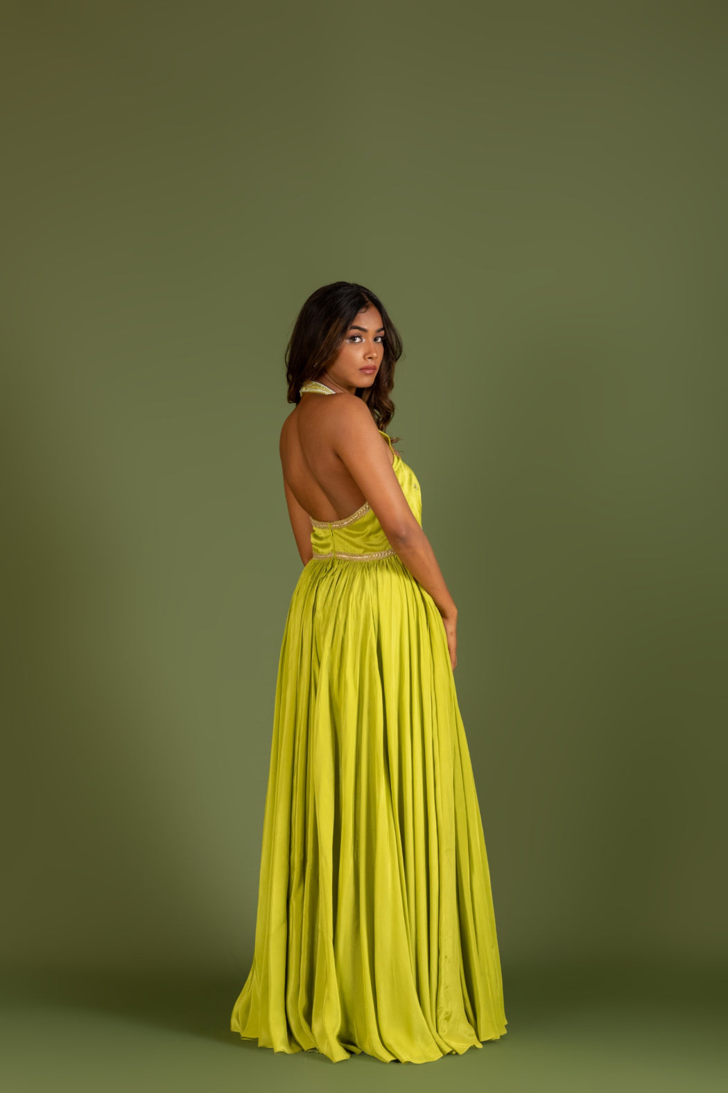 LIME GREEN HALTER NECK ANARKALI SET