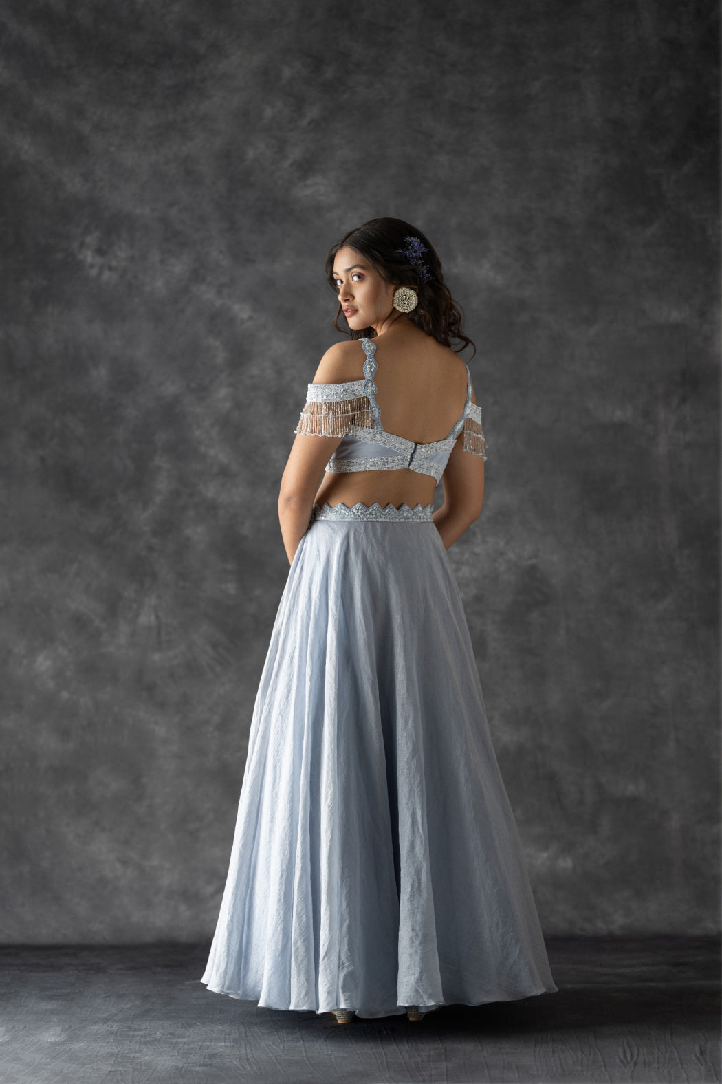 POWDER BLUE COLD SHOULDER BLOUSE AND SHIMMER LEHENGA SET