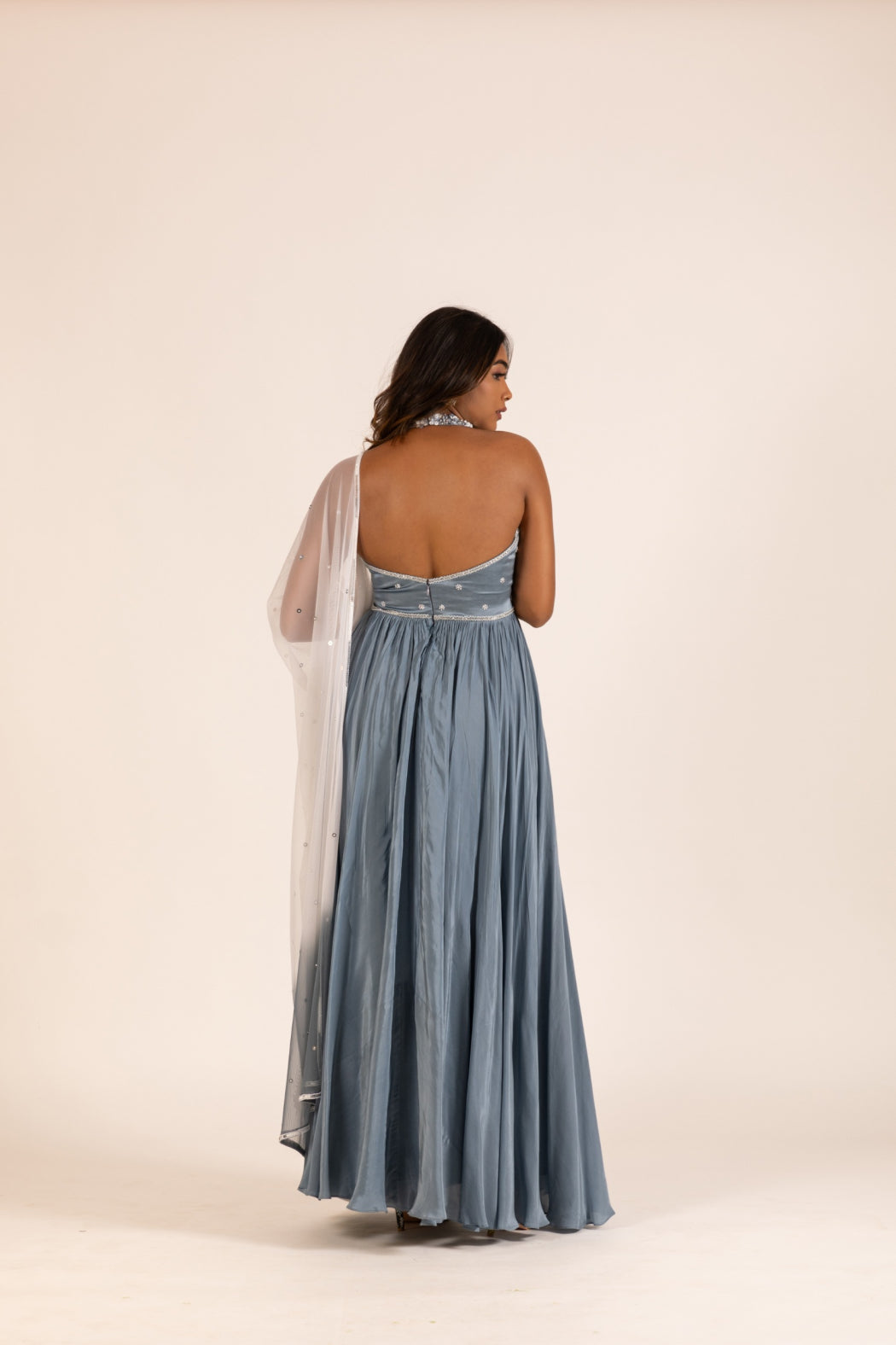 GREY HALTER NECK PLEATED GOWN SET