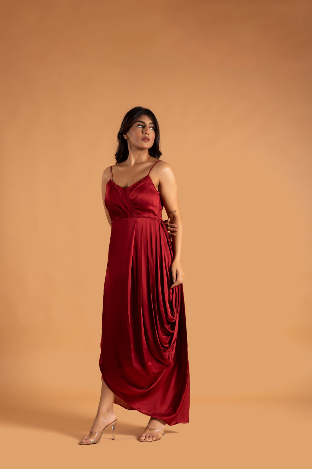 RED ORGANZA JACKET WITH SATIN DRAPED GOWN