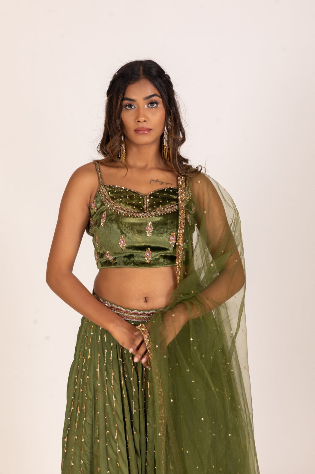 GREEN LEHENGA AND VELVET BLOUSE SET