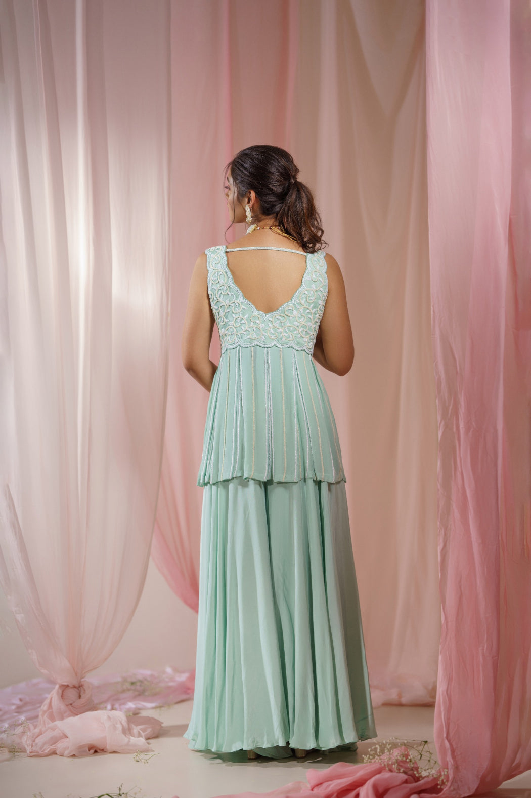 TEAL PEPLUM WITH PEARL EMBROIDERED AND PLAZZO SET