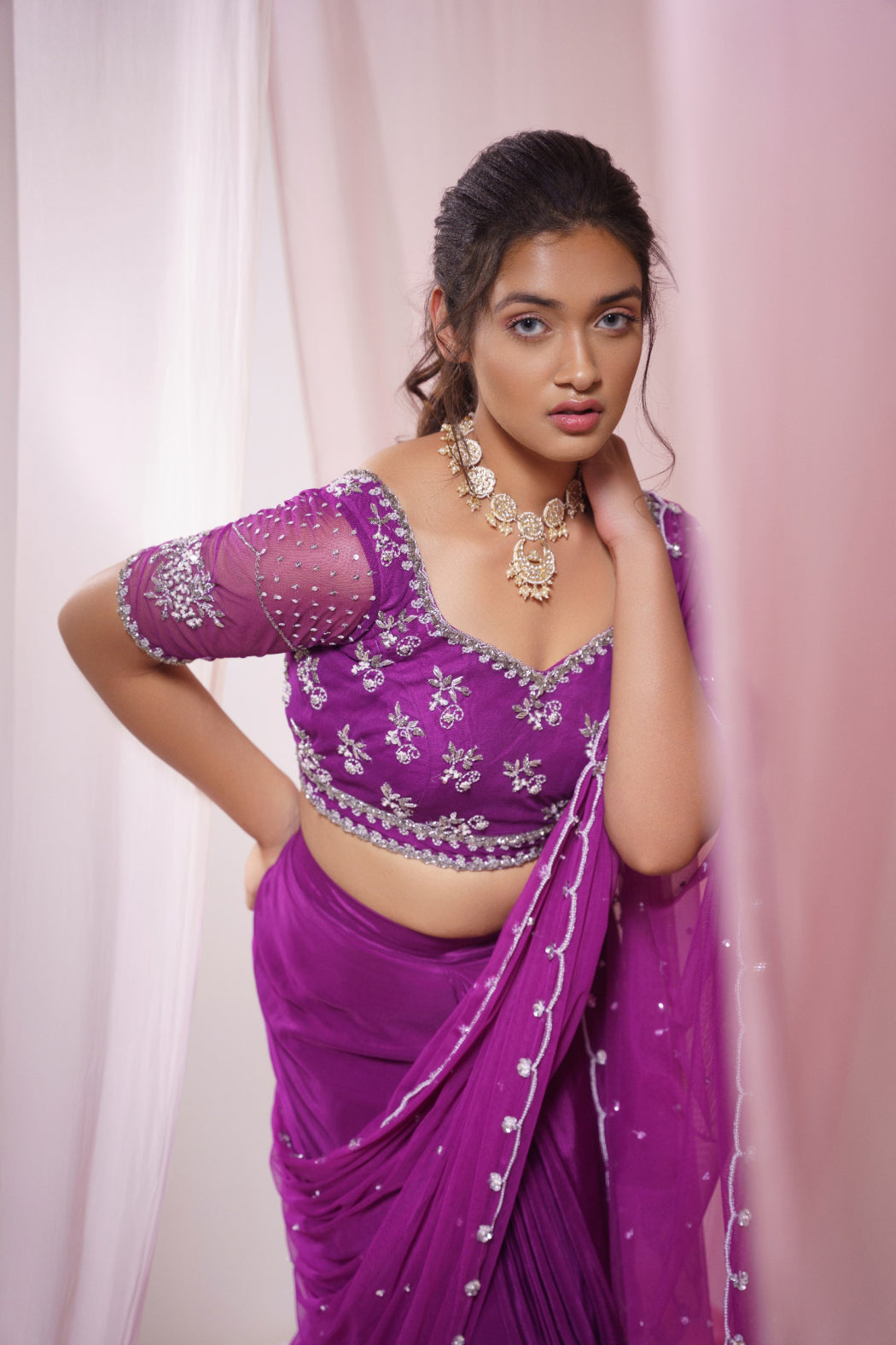 PURPLE PLEATTED SAREE WITH ATTACHED PALLU