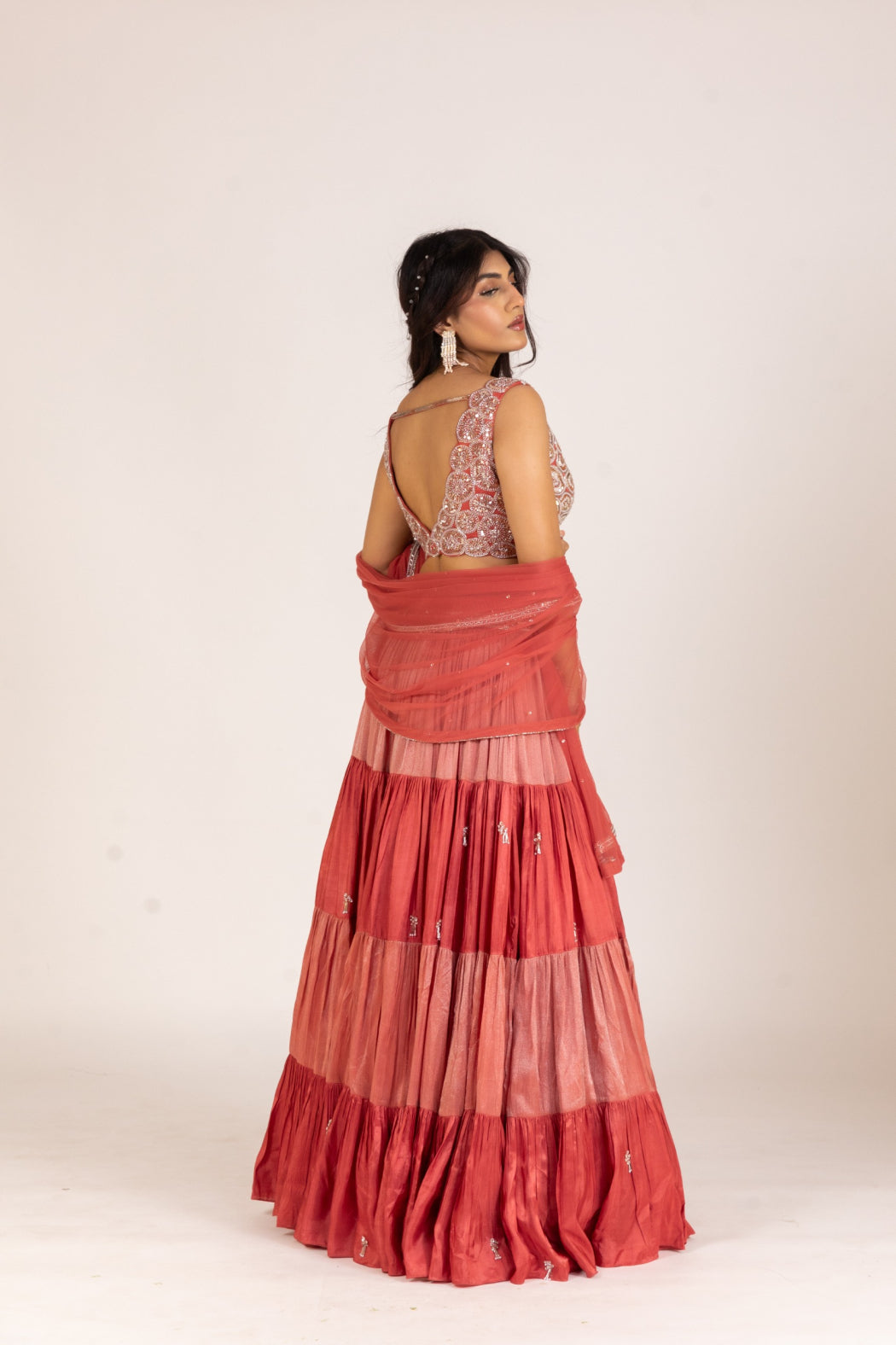 RUST FOUR LAYER PLEATED LEHENGA SET