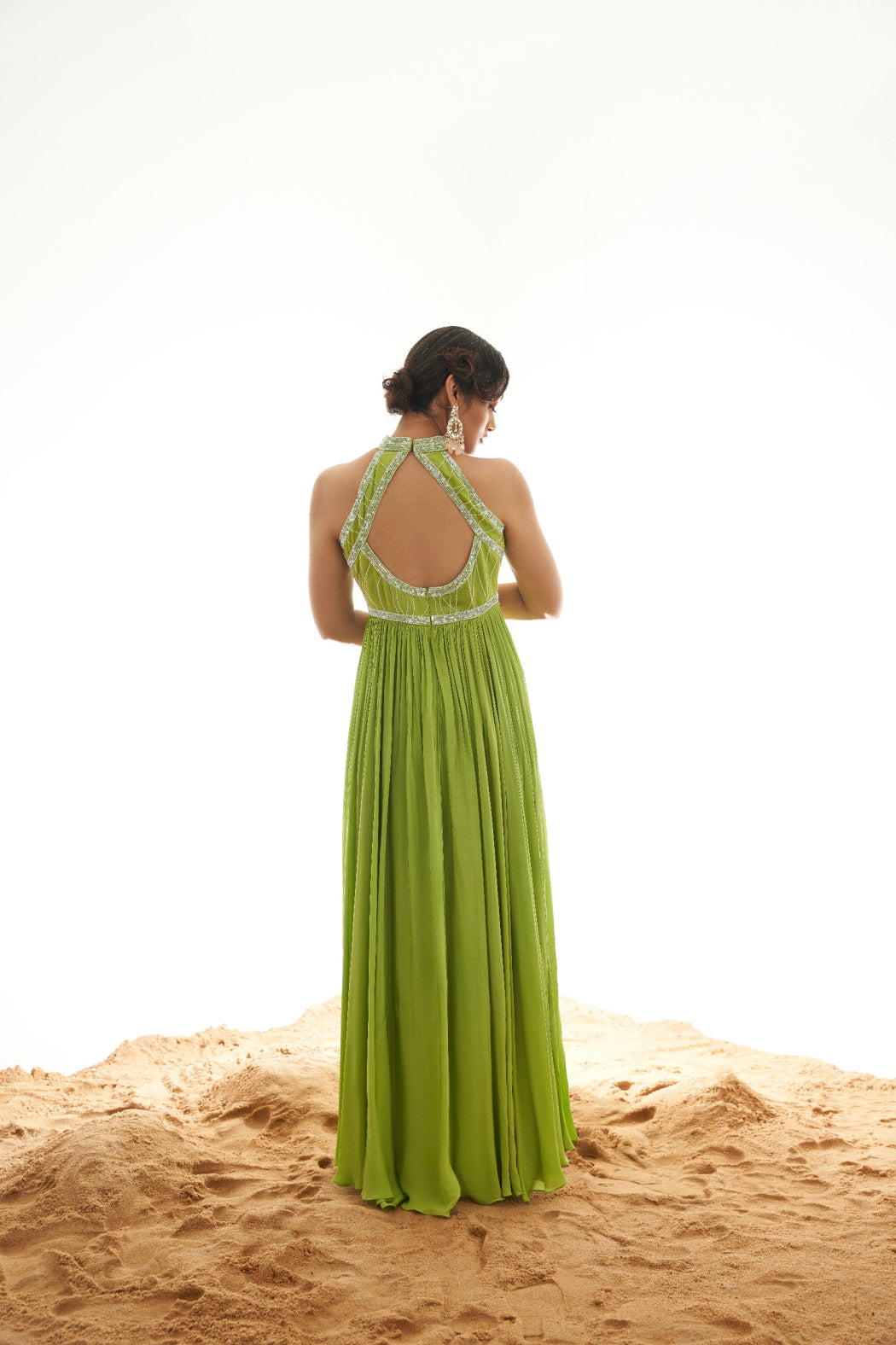 GREEN GOWN AND SKY BLUE RUFFLED SHRUG