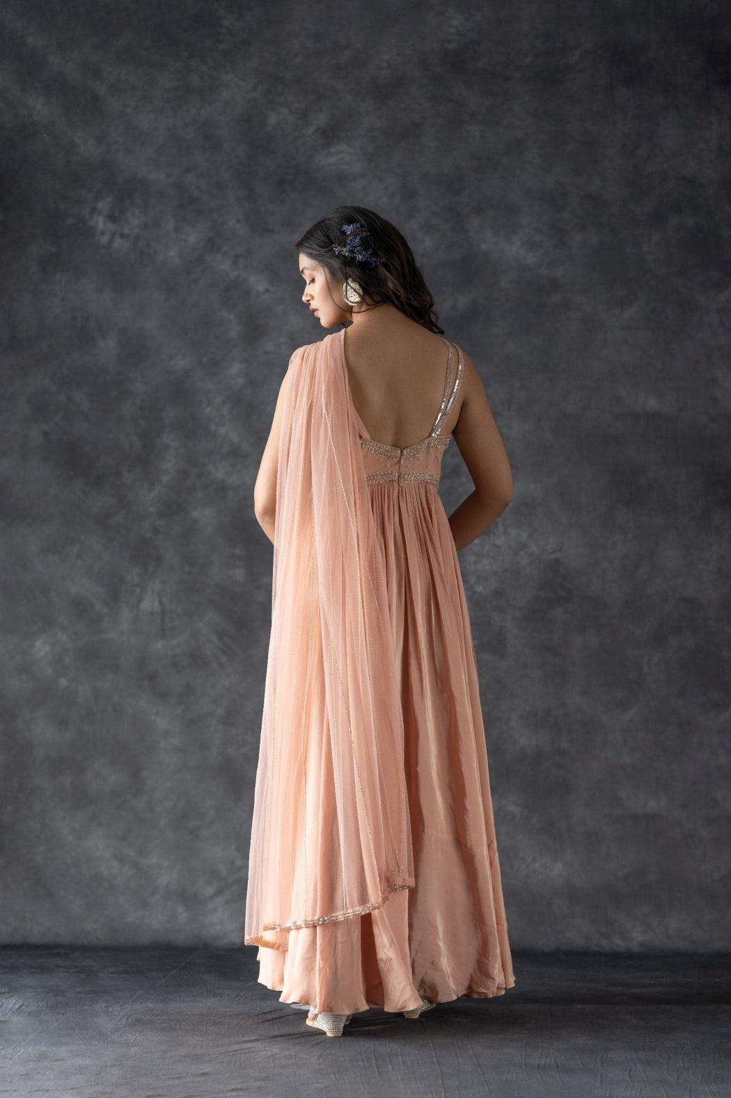 NUDE DRAPPED GOWN WITH ATTACHED DUPATTA