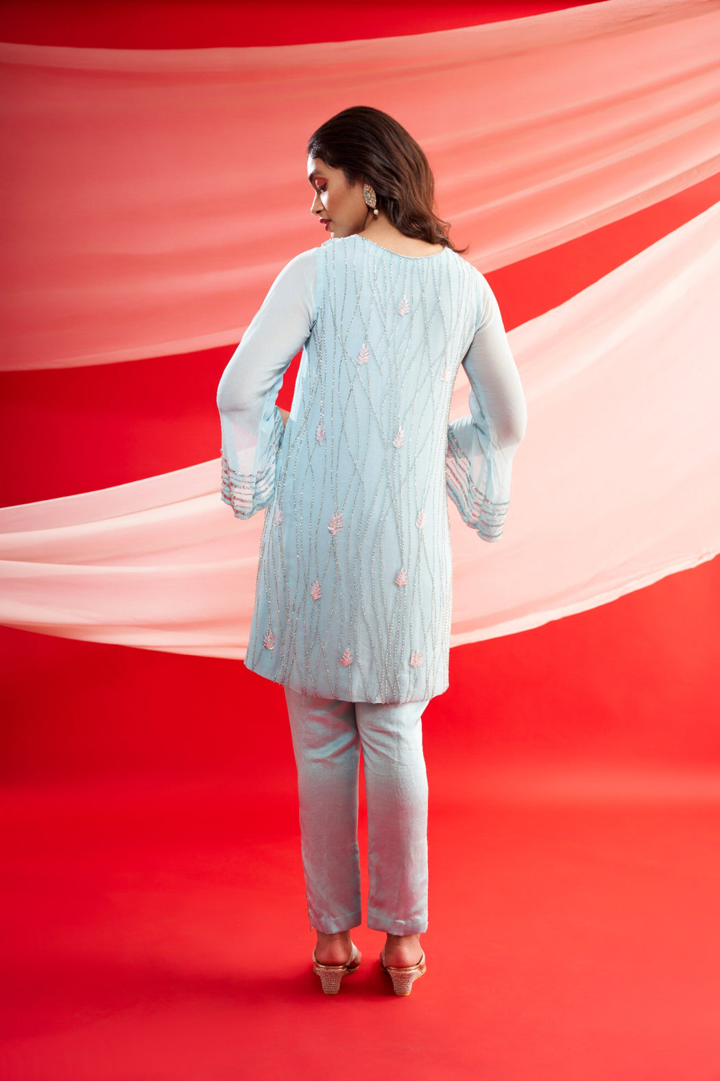 SILVER EMBROIDERED SKY BLUE TUNIC AND PANT SET