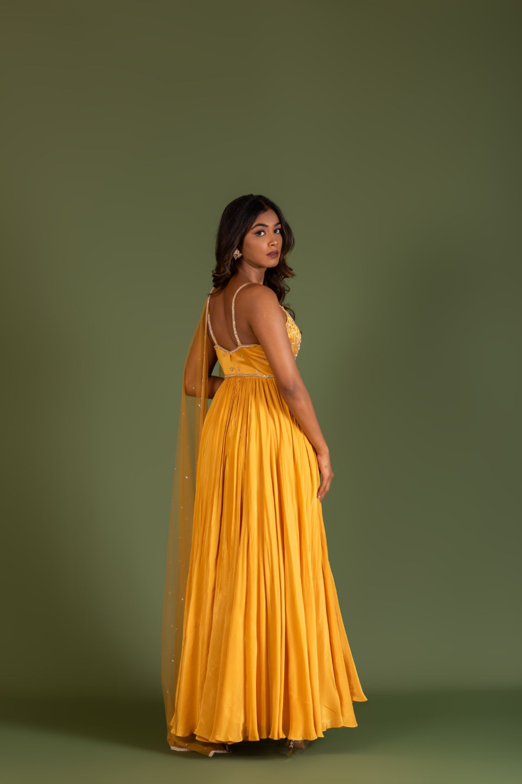 MUSTARD YELLOW PLEATED GOWN