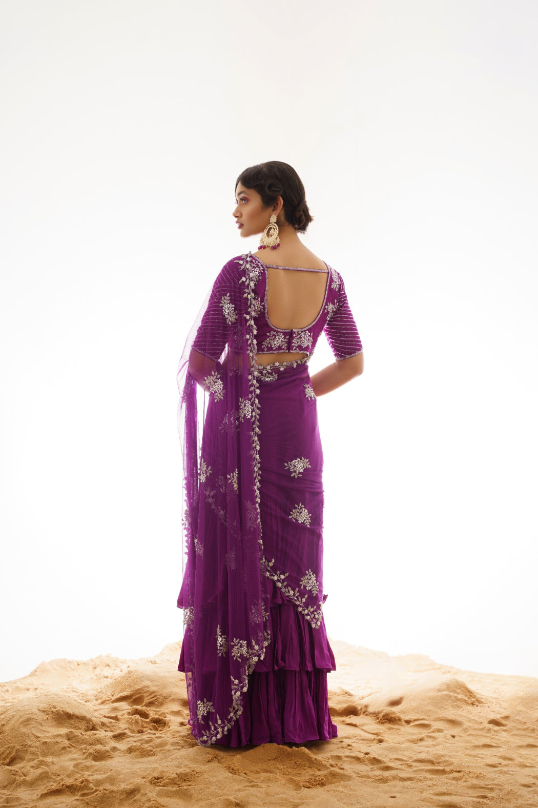 PURPLE RUFFELED SAREE WITH HEAVY EMBROIDERED ATTACHED PALLU