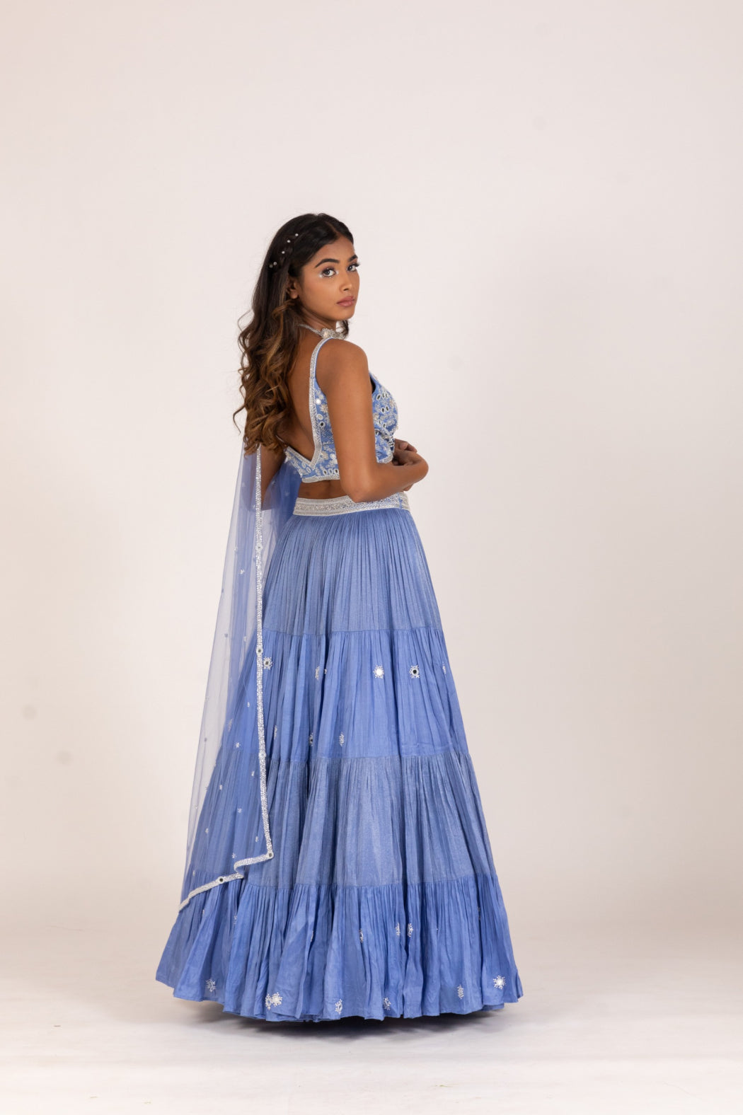 POWDER BLUE FOUR LAYER PLEATED LEHENGA SET