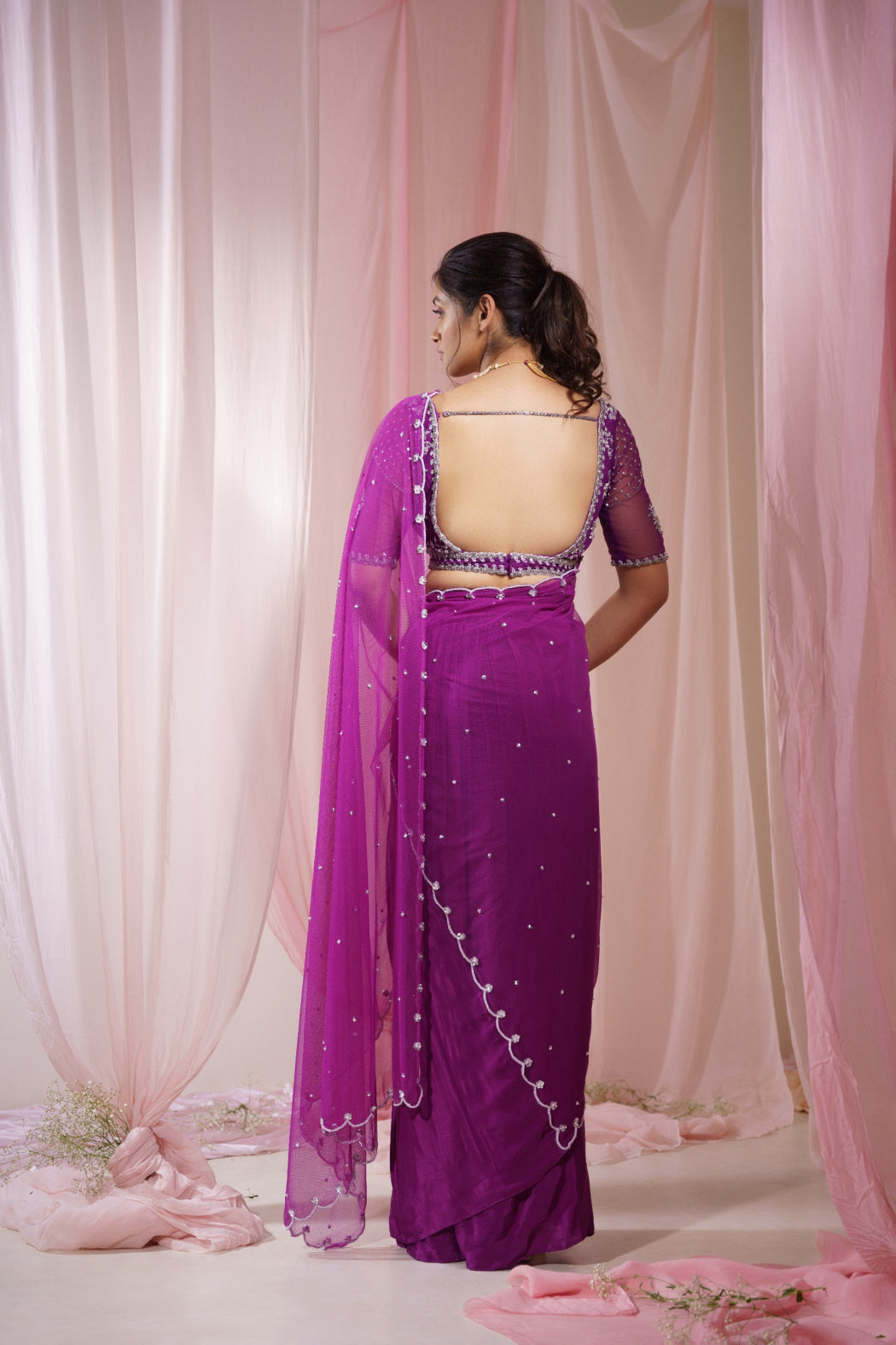 PURPLE PLEATTED SAREE WITH ATTACHED PALLU