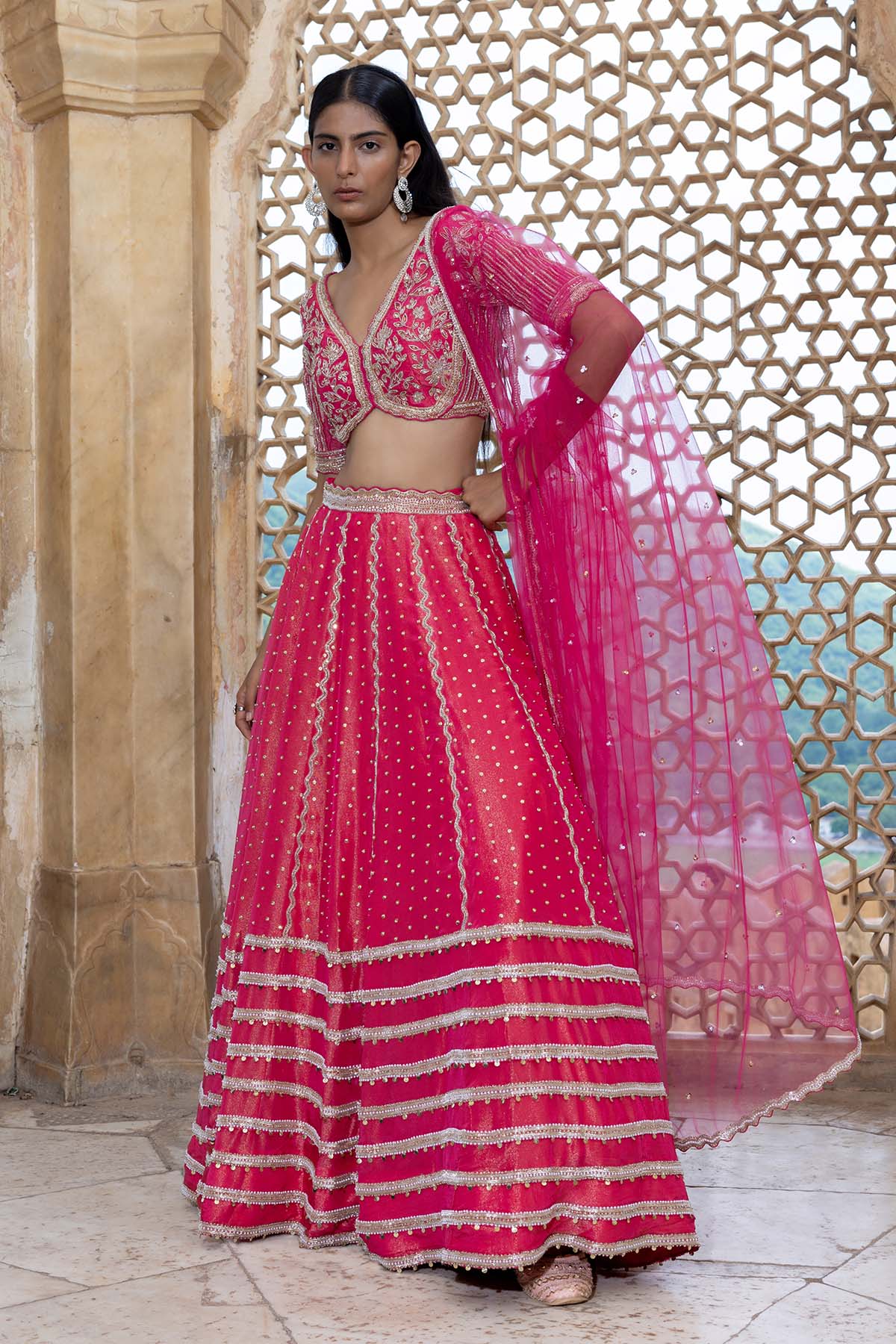 FUCHSIA PINK TISSUE LEHENGA SET