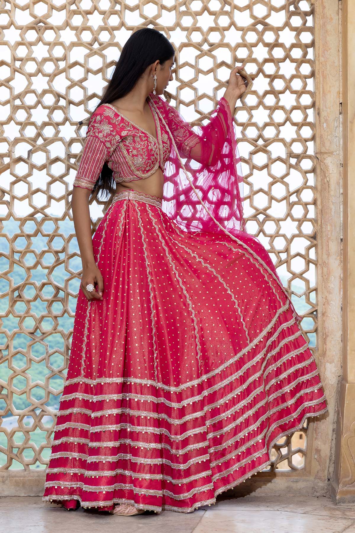 FUCHSIA PINK TISSUE LEHENGA SET