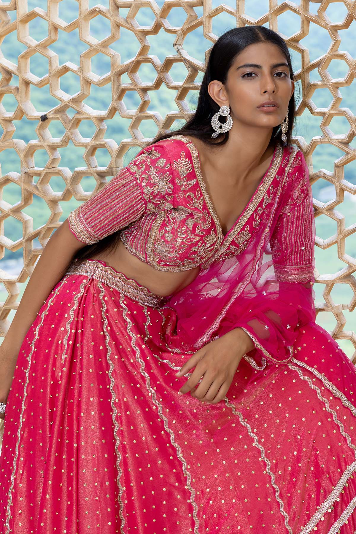 FUCHSIA PINK TISSUE LEHENGA SET