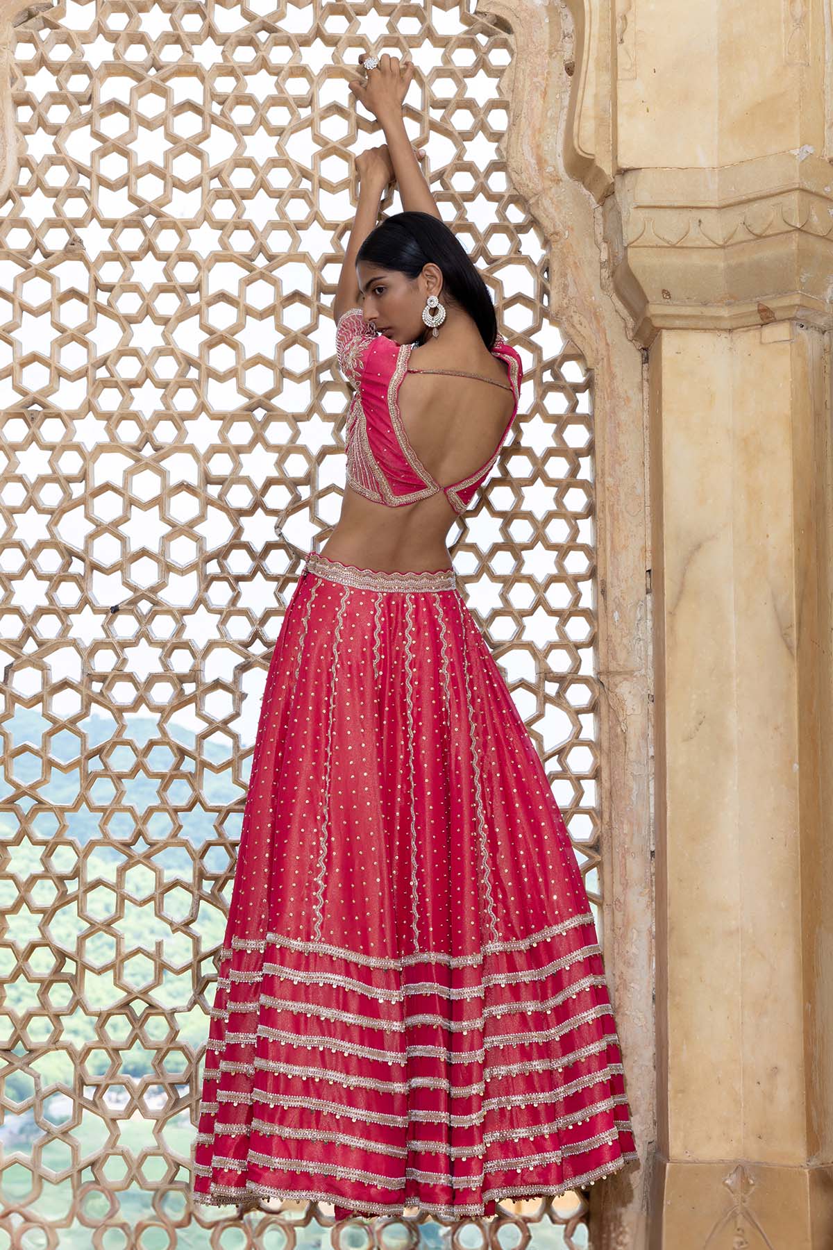 FUCHSIA PINK TISSUE LEHENGA SET