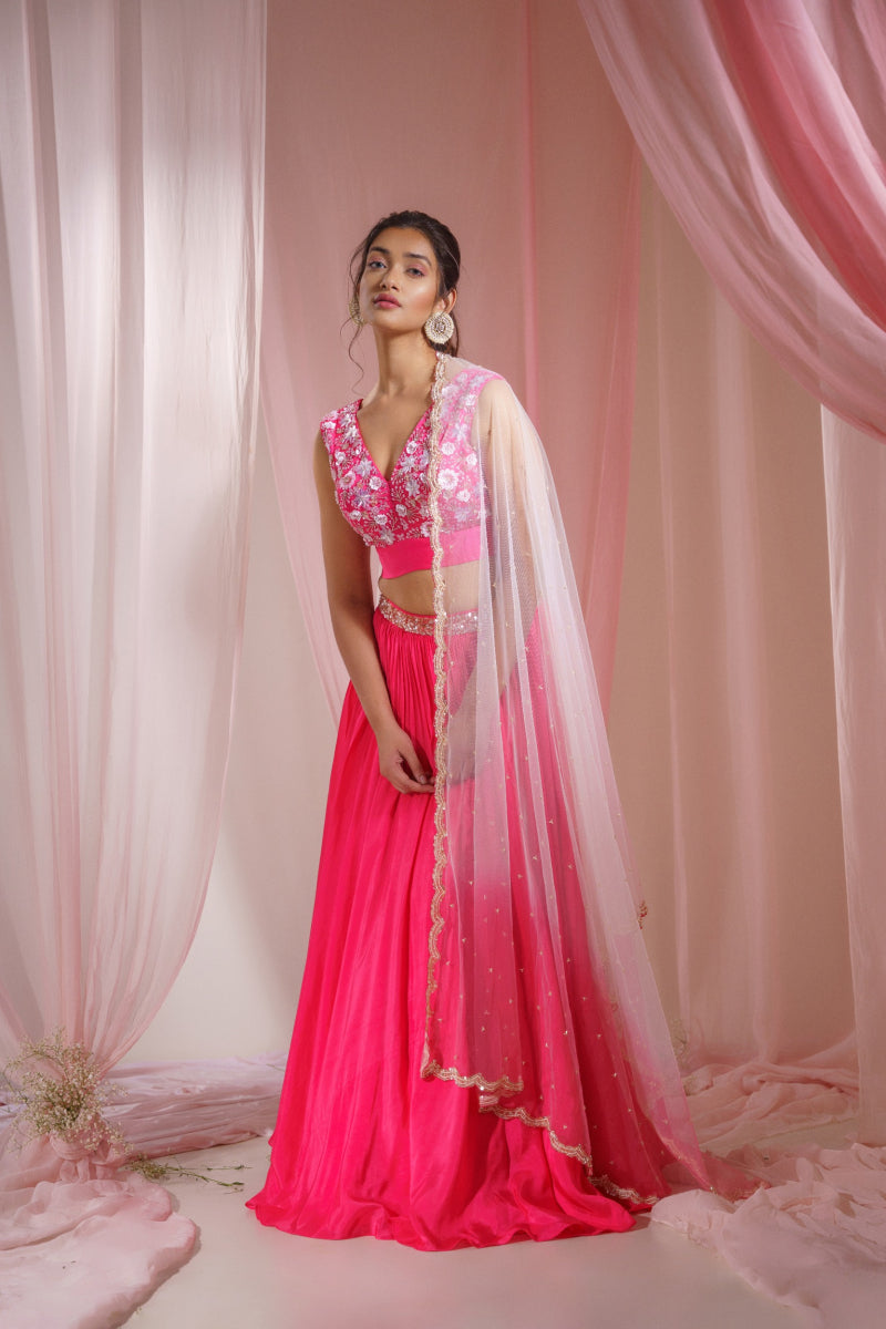 HOT PINK FLORAL EMBROIDERED LEHENGA SET