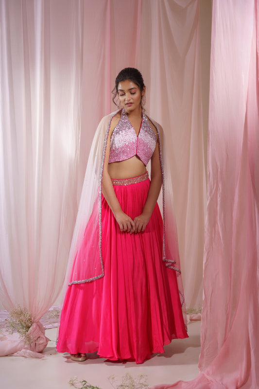 HOT PINK HALTER NECK BLOUSE AND LEHENGA SET