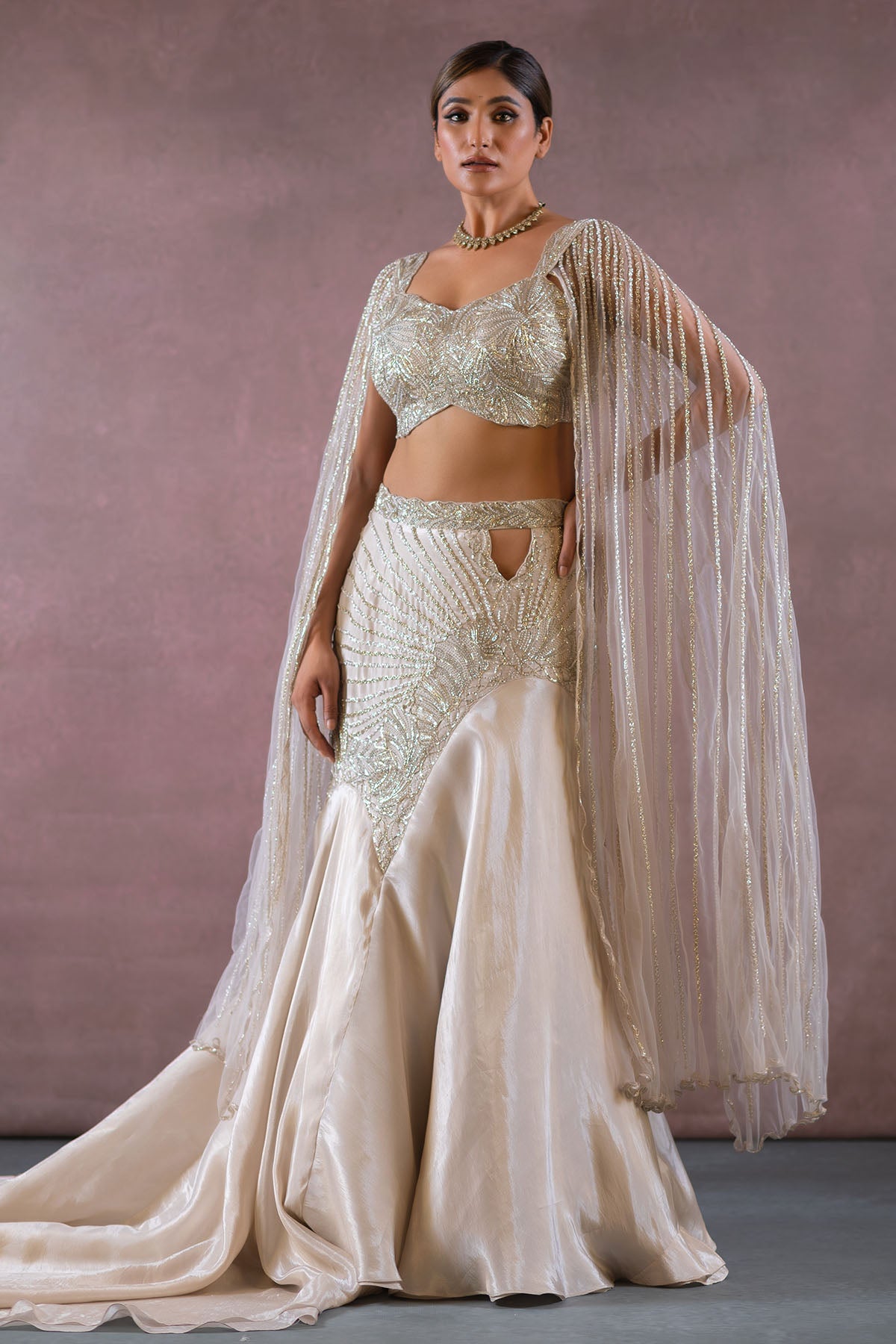 BEIGE FISH-CUT TRAIL LEHENGA SET