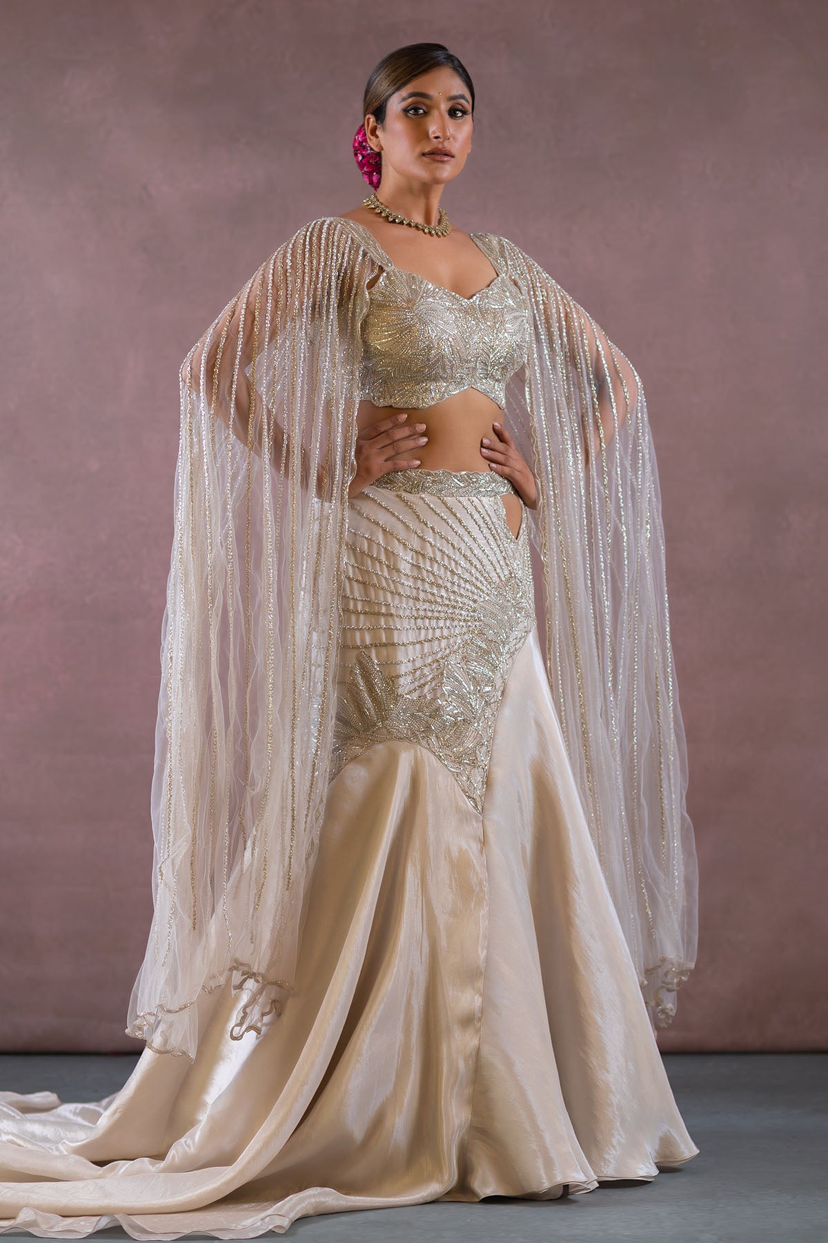 BEIGE FISH-CUT TRAIL LEHENGA SET