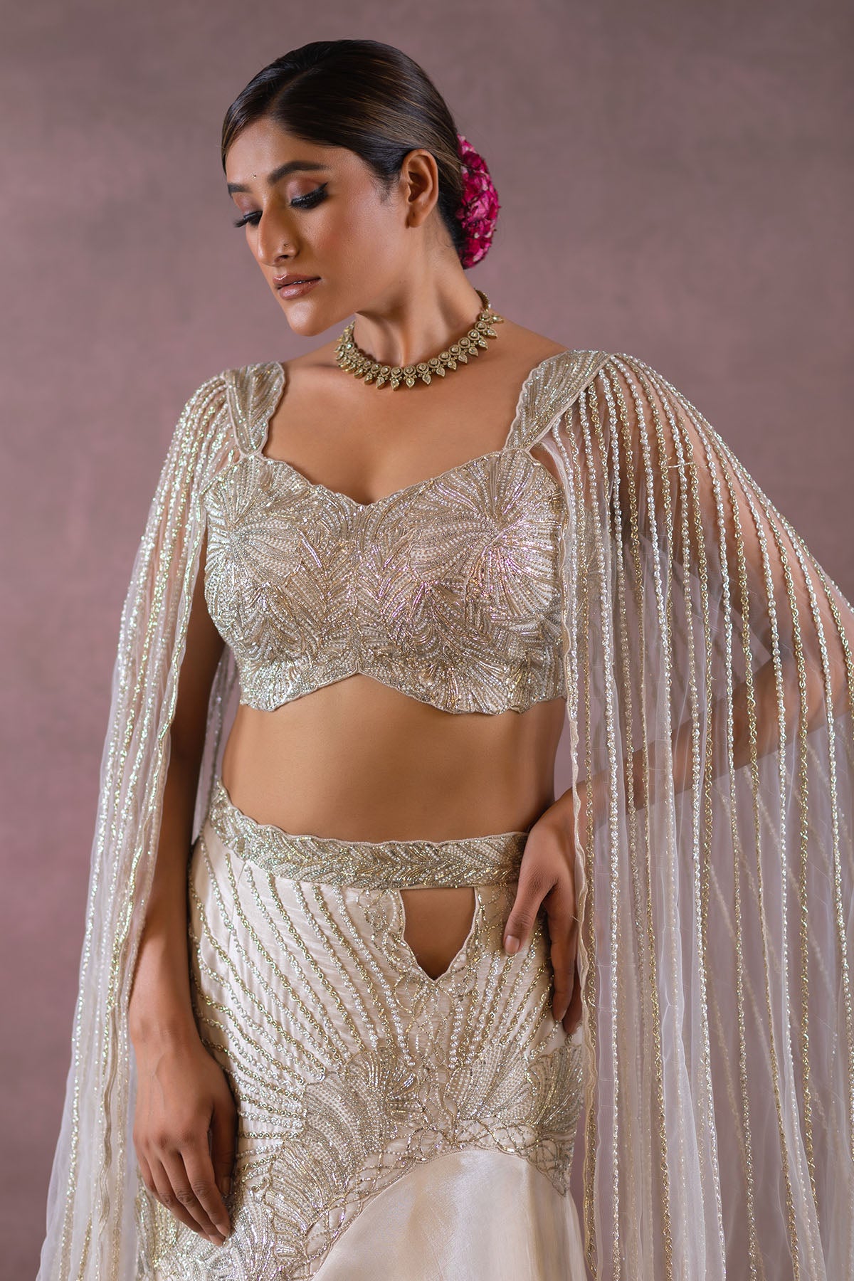 BEIGE FISH-CUT TRAIL LEHENGA SET