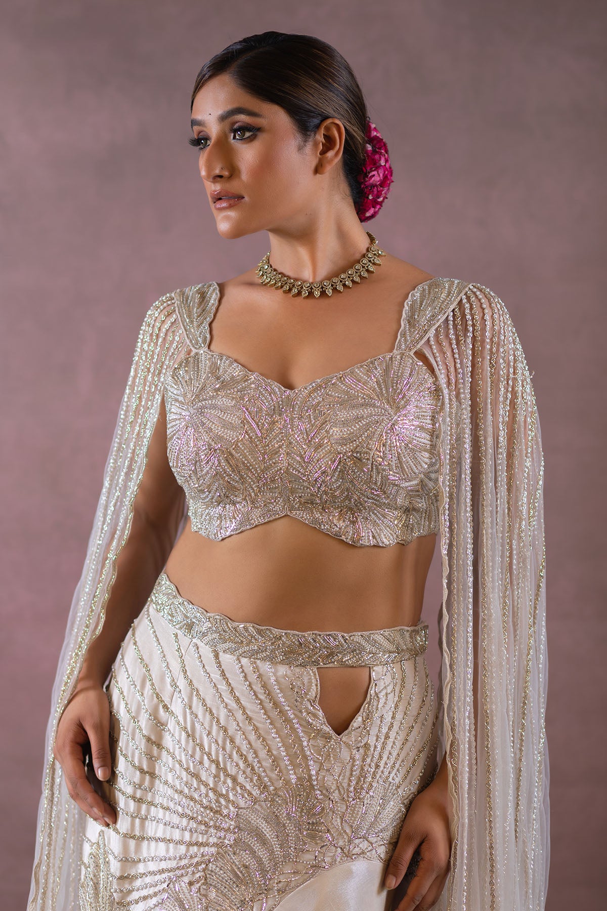 BEIGE FISH-CUT TRAIL LEHENGA SET