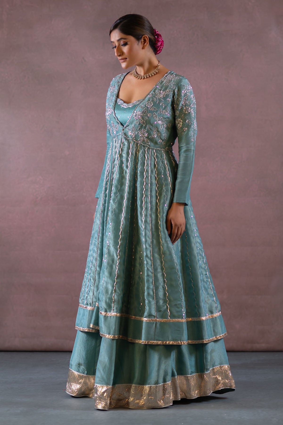 BLUE LONG JACKET AND LEHENGA SET