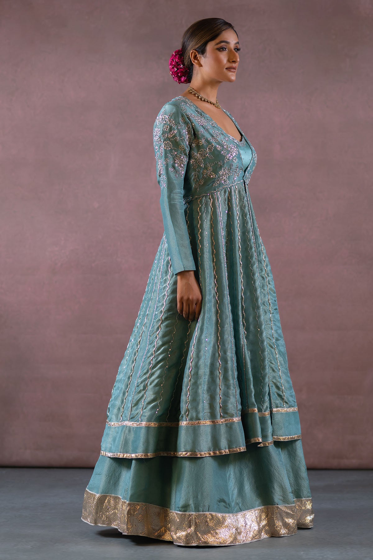 BLUE LONG JACKET AND LEHENGA SET