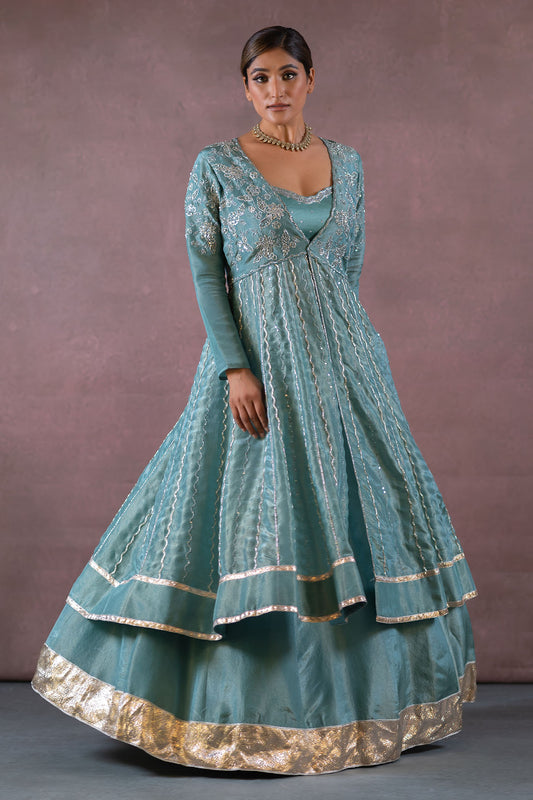 BLUE LONG JACKET AND LEHENGA SET