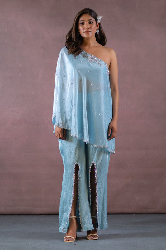 BLUE ONE SHOULDER TUNIC WITH PANT SET