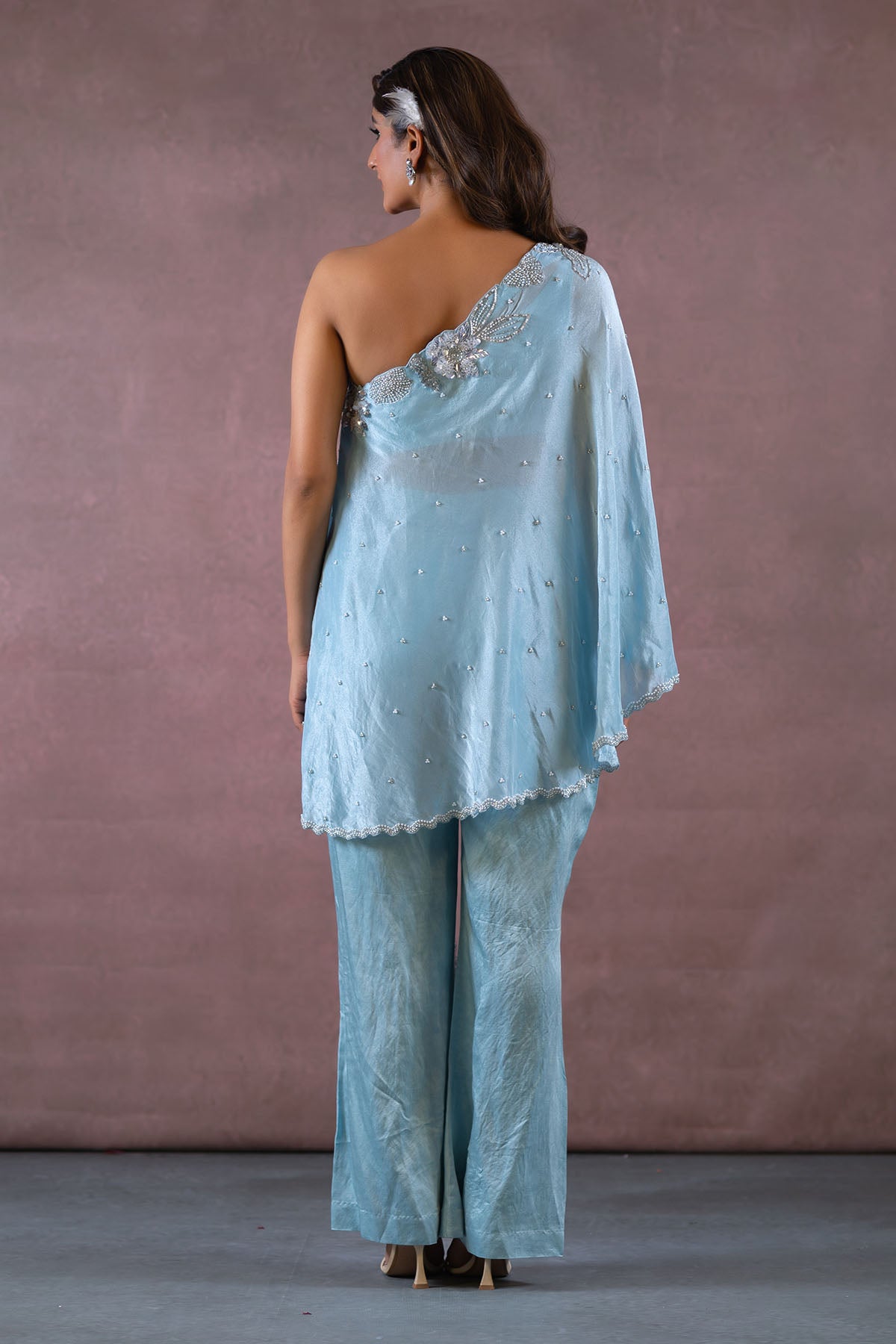 BLUE ONE SHOULDER TUNIC WITH PANT SET