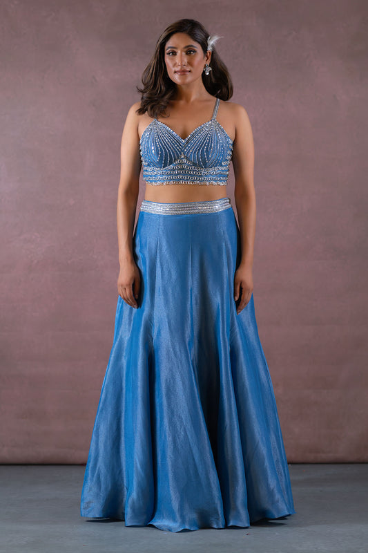 COBALT BLUE LONG SHRUG JACKET AND LEHENGA SET