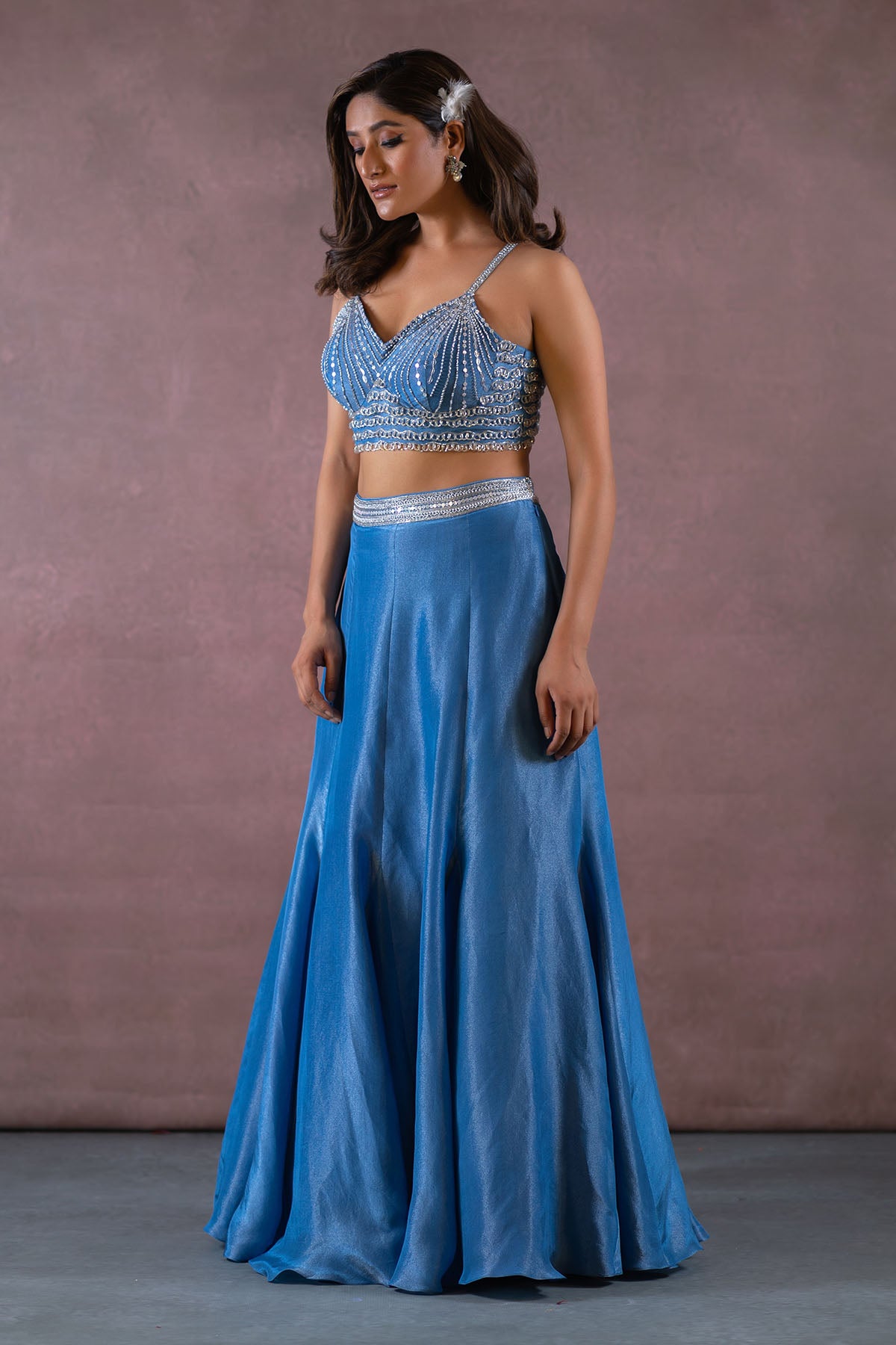 COBALT BLUE LONG SHRUG JACKET AND LEHENGA SET