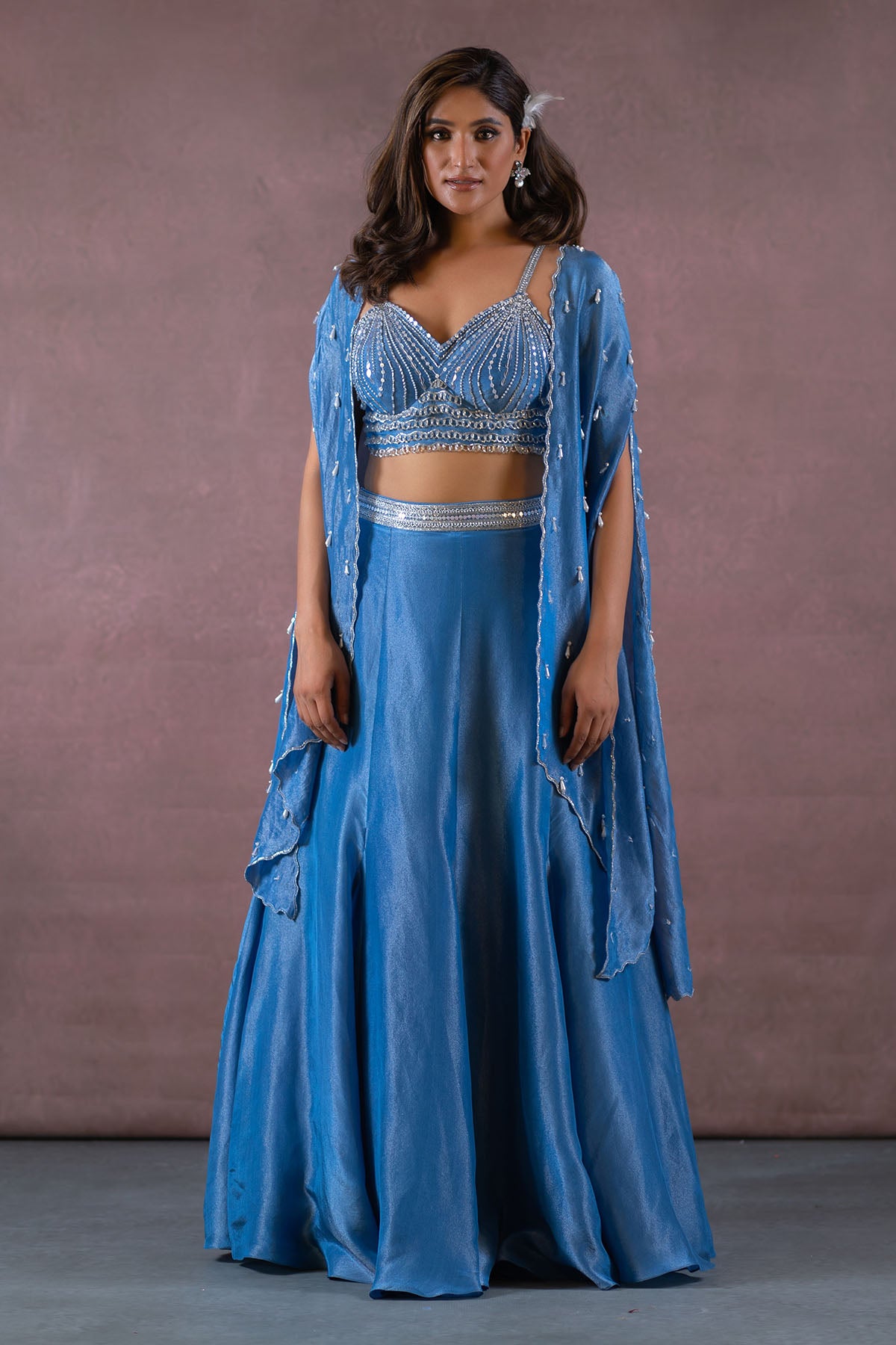 COBALT BLUE LONG SHRUG JACKET AND LEHENGA SET